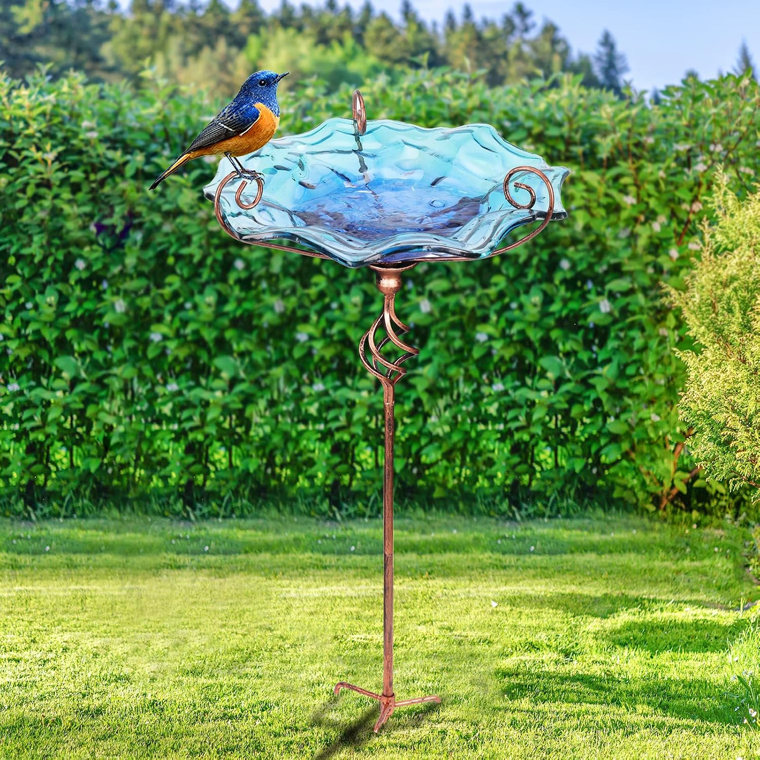VCUTEKA Glass Bird Bath Outdoor Birdfeeder with Metal Stake Garden Decor