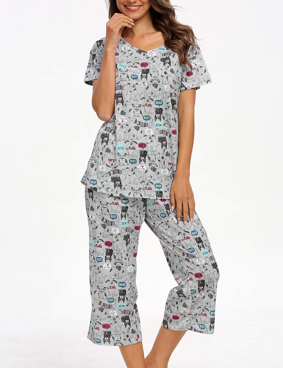 ENJOYNIGHT Womens Pajama Set Cotton Summer Pj Top with Capri Pant Sleepwear