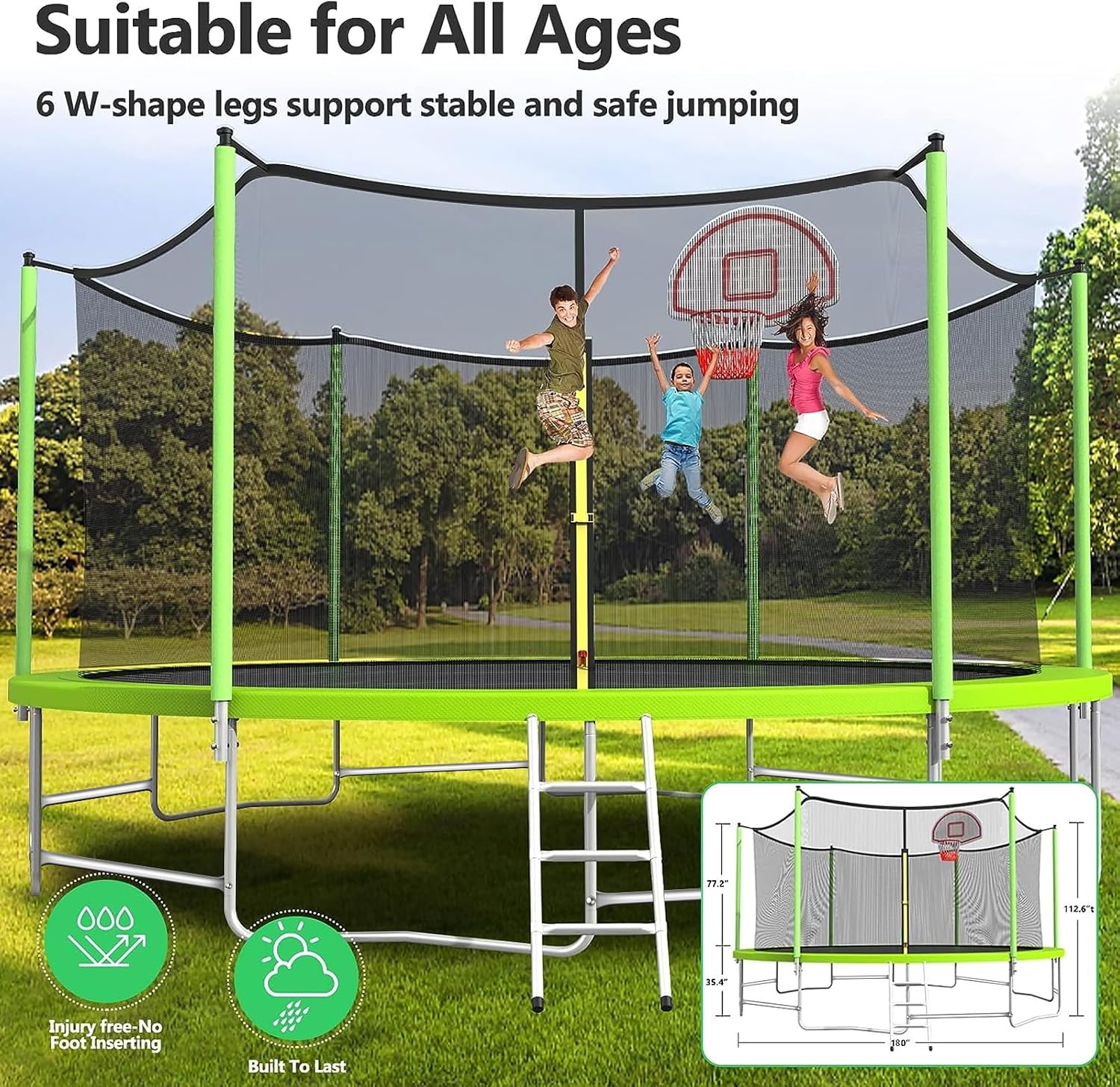 10 12 14 16FT Trampoline Outdoor, Light/Sprinkler/Basketball Hoop | Large Recreational Trampoline for Kids and Adults, Heavy Duty Yard Trampolines with Enclosure Net, ASTM Approval