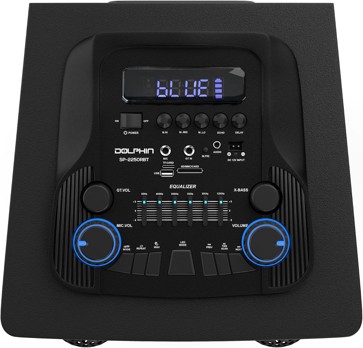 Dolphin Bluetooth Party Speaker with 2 Wireless Mics, Dual 12" Woofers | 120W Output, X-BASS, MDF Wood Cabinet, LED Infinity Lights, USB/TF/FM/AUX