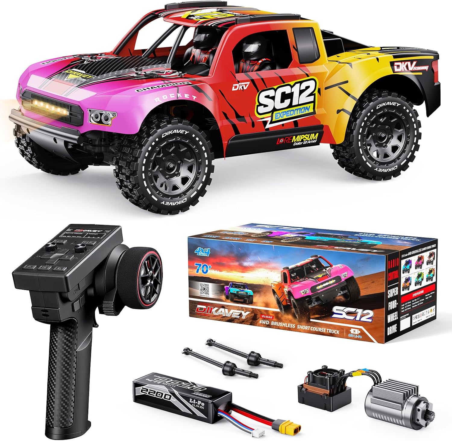 1/12 Brushless Remote Control Car RTR, 42MPH (70+Km/H 4WD Rc Short-Course Truck, Amateur-Level Rc Drift Car, Equipped with 3s 2200 Mah Battery, All-Terrain Tires, Suitable for Adults-RED