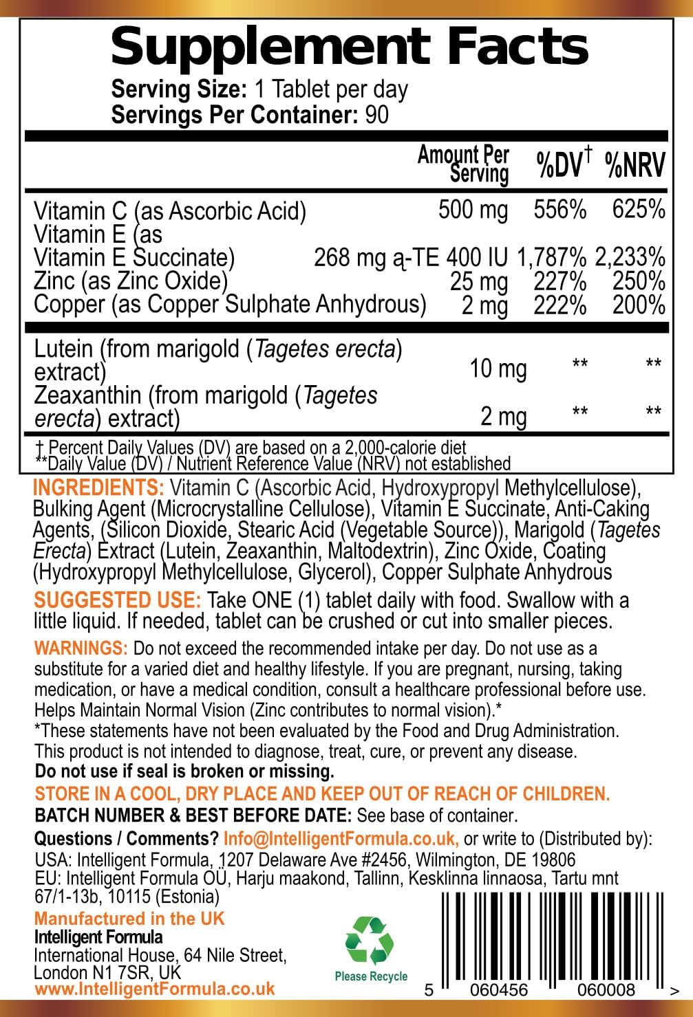 Vision Defender AREDS2 Eye Vitamins - Lutein Zinc Copper, Vegan, 90 Tablets | Eye Health Supplements, Vitamin C & E, Zeaxanthin