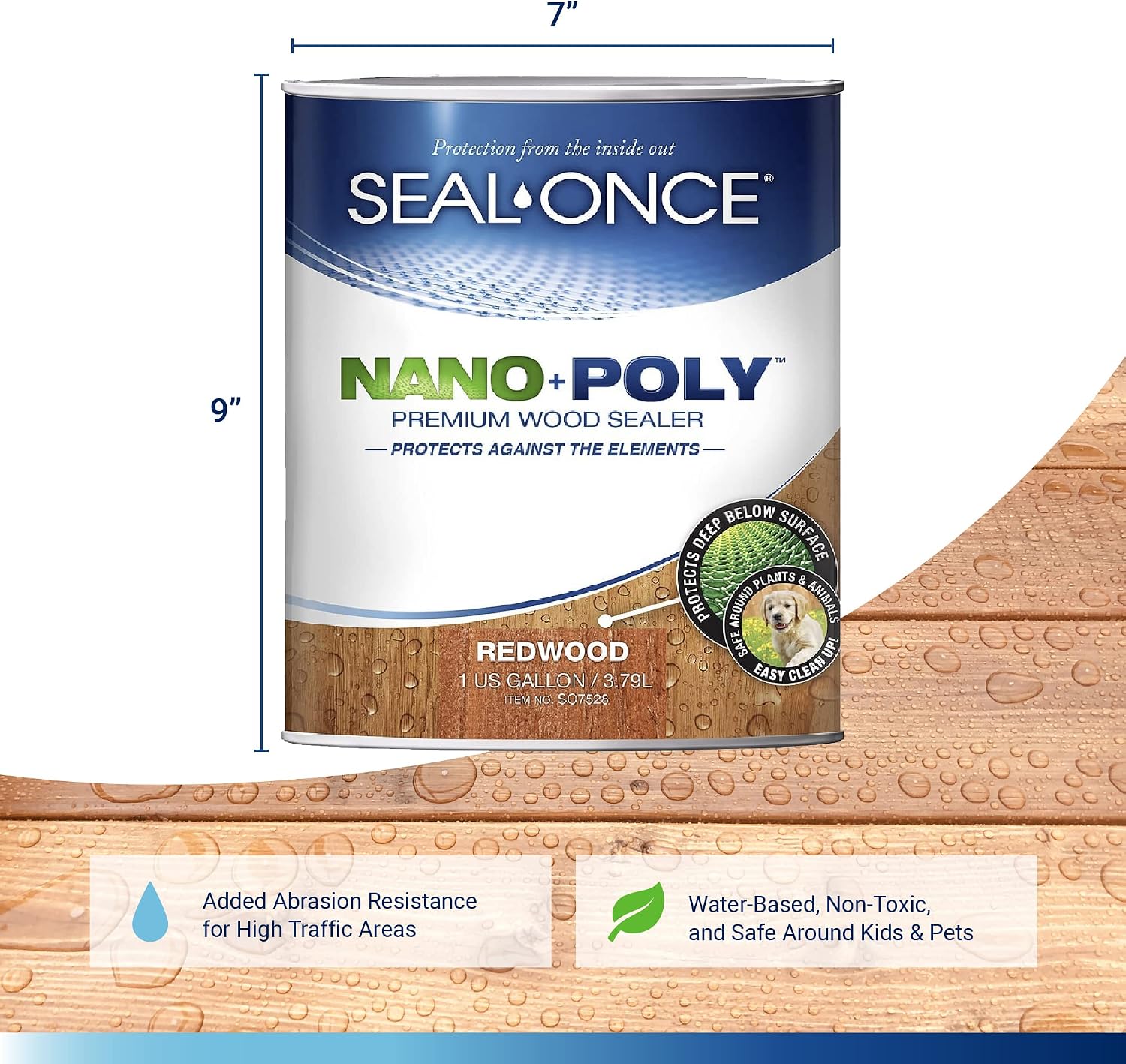 Seal-Once Nano+Poly Wood Sealer and Waterproofer, Clear, 1 Gallon | With Polyurethane, Water-based, Low-VOC, Waterproofer & Stain, For Decks, Fences & Log Homes