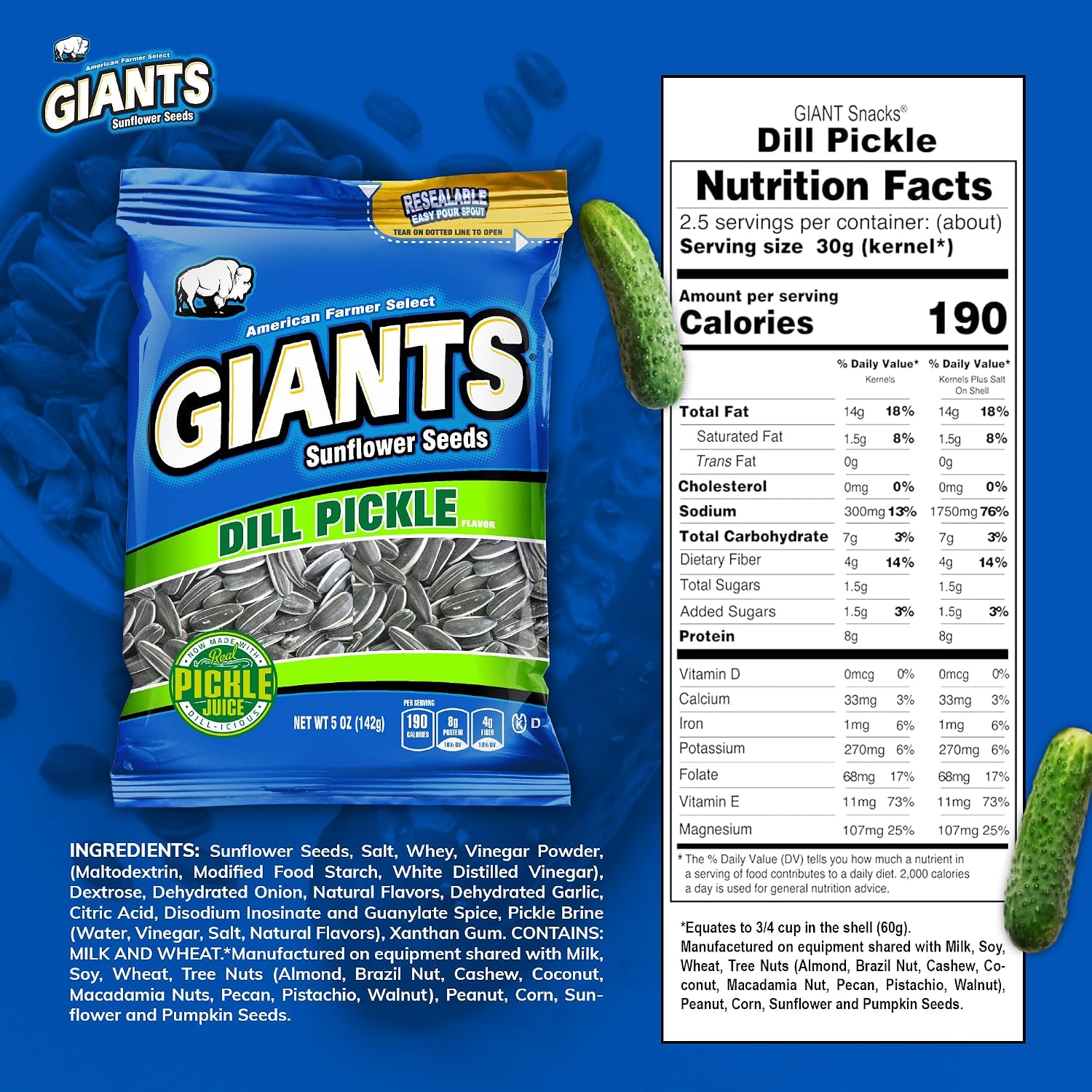 GIANTS Original Sunflower Seeds - Sunflower Seeds to Eat, Sunflower Seeds Bulk, Lightly Salted Sunflower Seeds for Eating, High Protein Snack - 5.75 oz Resealable Bags (Case of 12)