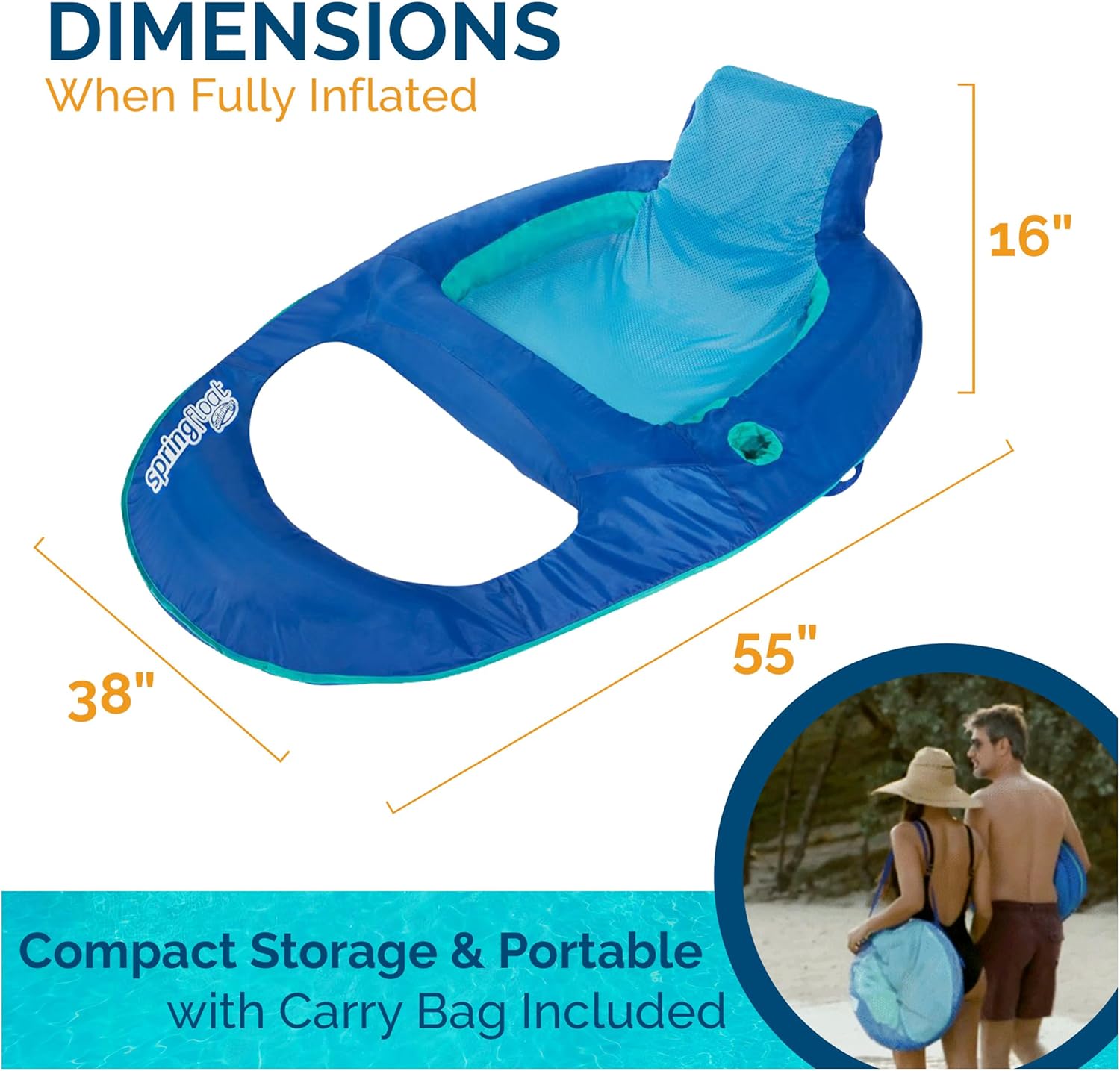 SwimWays Spring Float Recliner Chair for Swimming Pool, Inflatable Pool Floats Adult with Fast Inflation, Cup Holder & Foot Rest for Ages 15 & Up