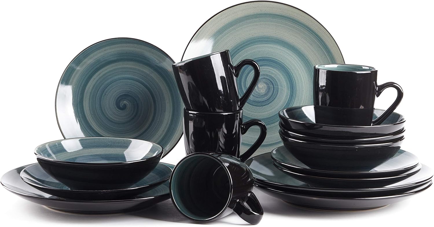 HomeVss, Sonoma Stoneware Dinnerware Set, Outside Black + Inside Hand Painting Color (16pc Set, Grey)