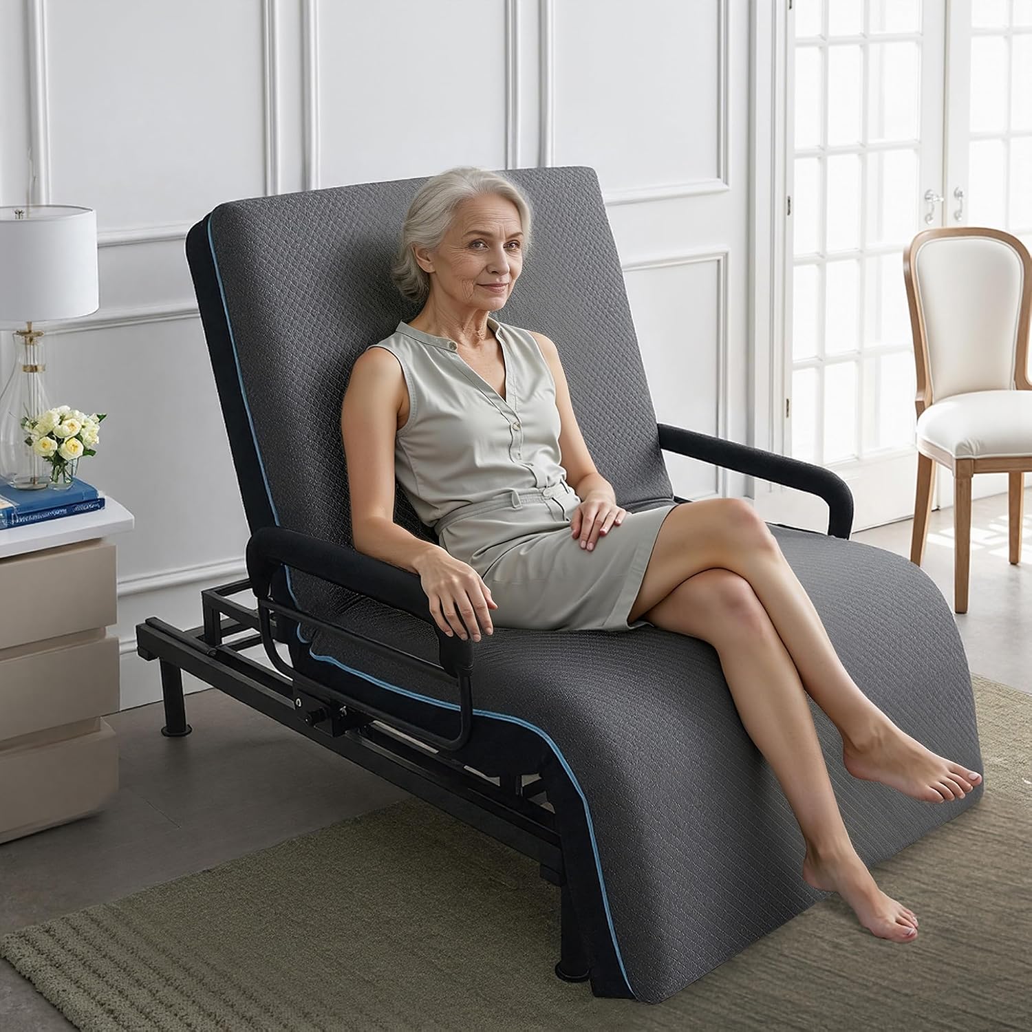 Electric Lift Bed for Elderly, Remote Control Adjustable Bed with 5.91" Mattress, Quiet Motor and Removable Tray, Zero Gravity Position Bed Frame Suitable for Hospital/Home Care