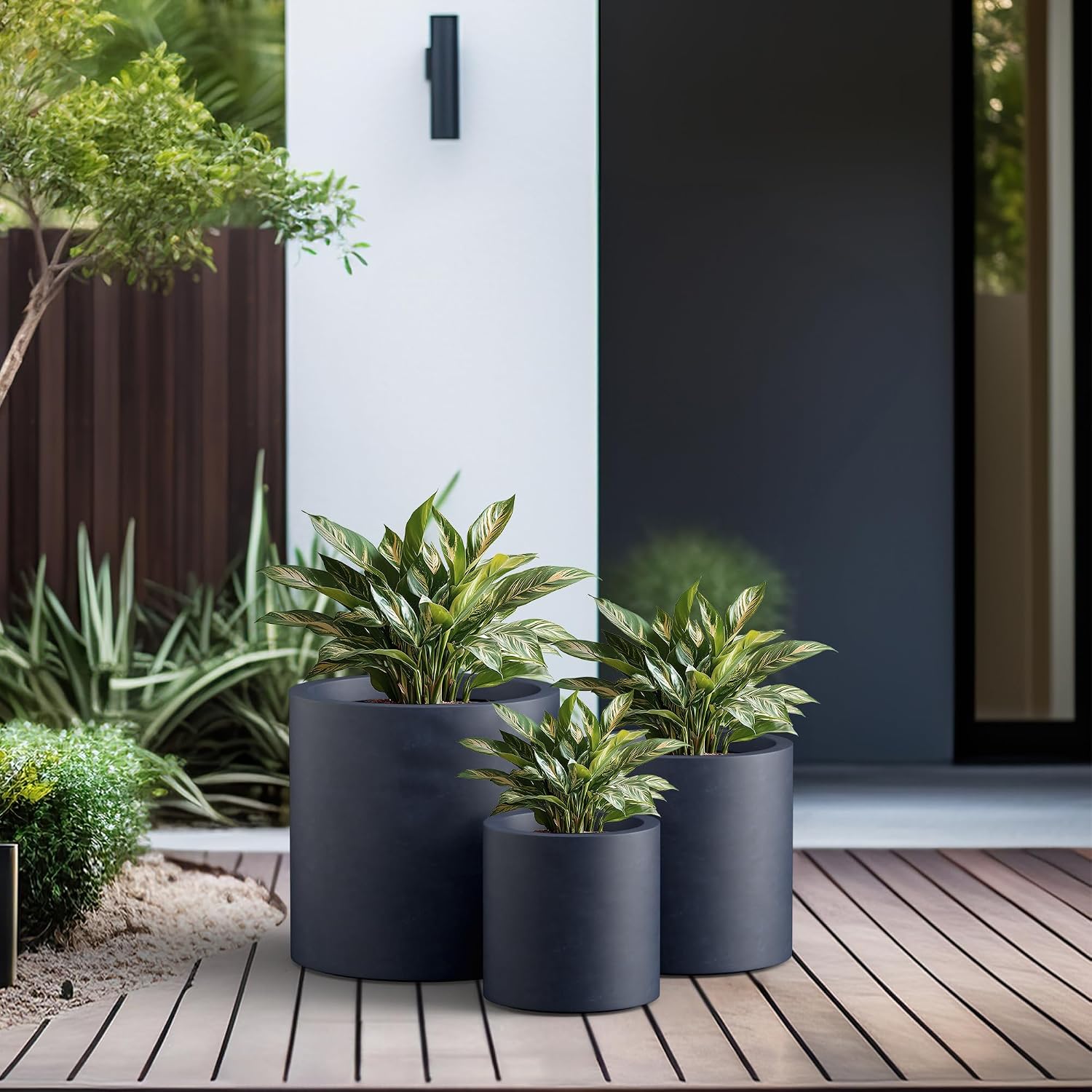 Kante Large Round Cylinder Charcoal Concrete Planter 15.8" Tall, Outdoor