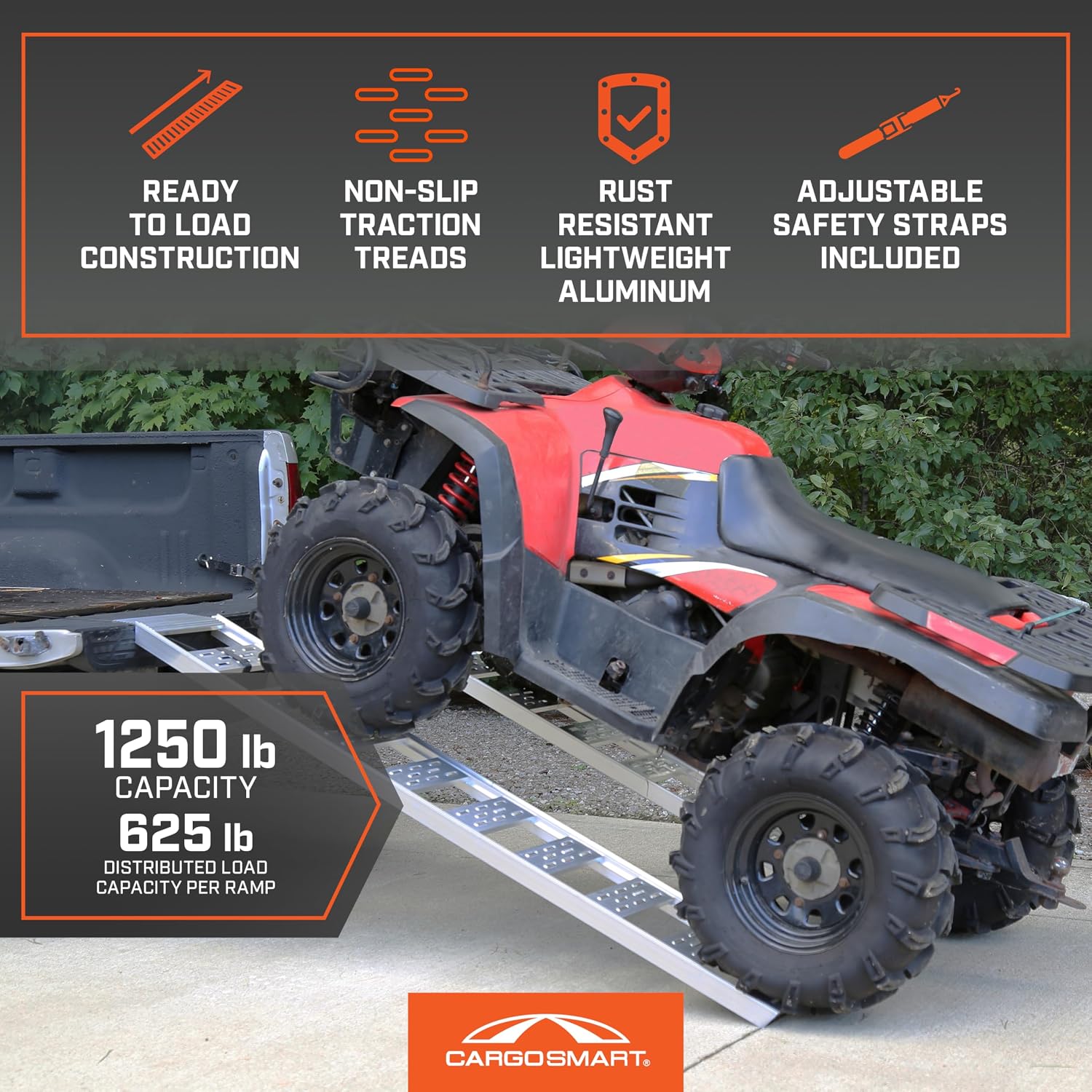 Aluminum Straight Fixed Ramp with Treads (2pk) - Easily and Safely Load and Unload Light Equipment, Lawn Tractors, ATVs and More, 1, 250 lb. Capacity