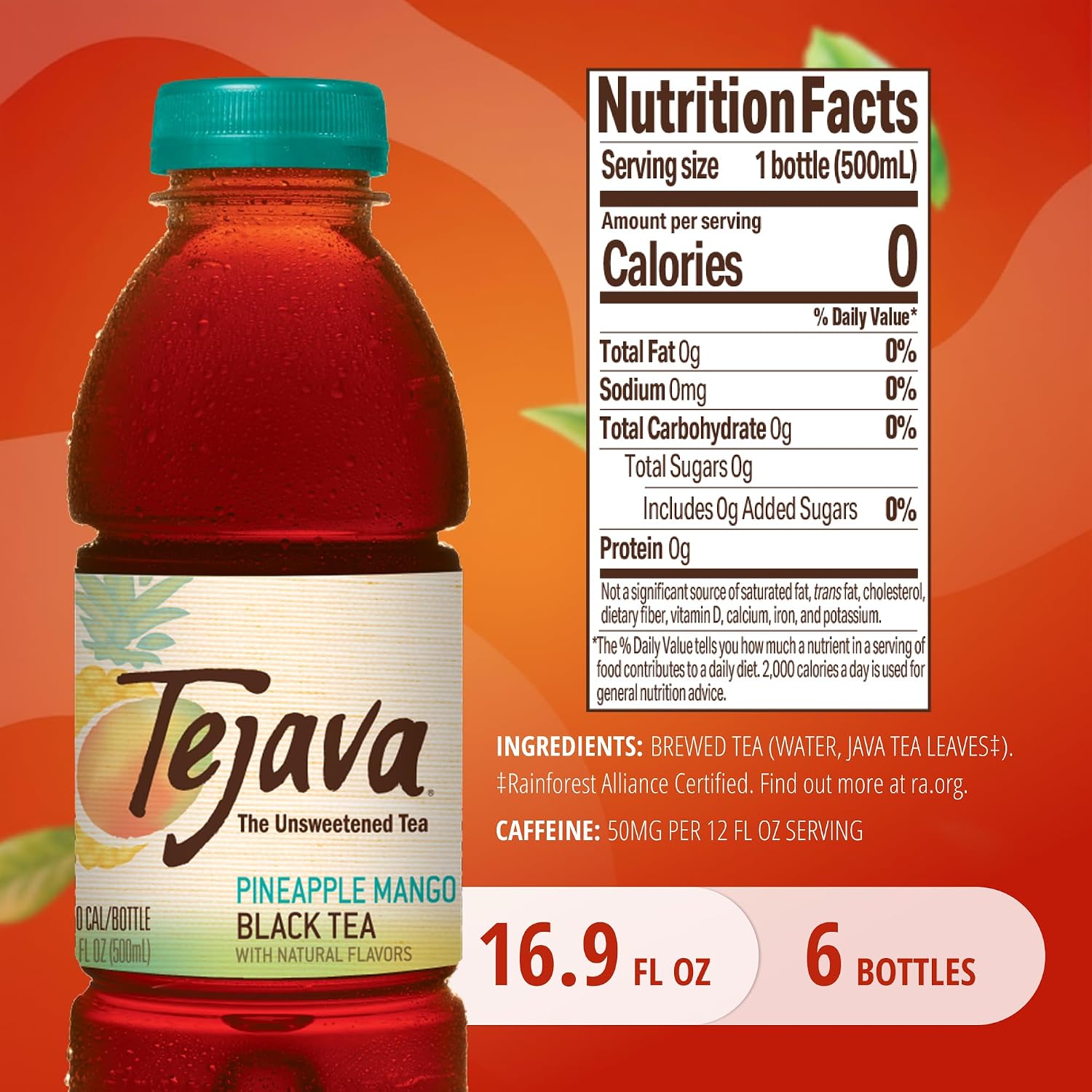 Tejava Pineapple Mango Unsweetened Black Iced Tea, 16.9 fl oz, Pack of 12