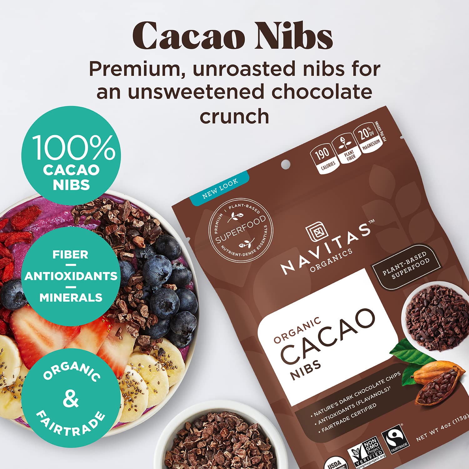 Navitas Organics Cacao Nibs – Unsweetened Dark Chocolate Crunch – Antioxidants, Minerals, Fiber – For Trail Mix, Baking & More – USDA Organic, Fairtrade, Non GMO, Gluten Free, Non-alkalized (8oz. Bag 76 Servings)