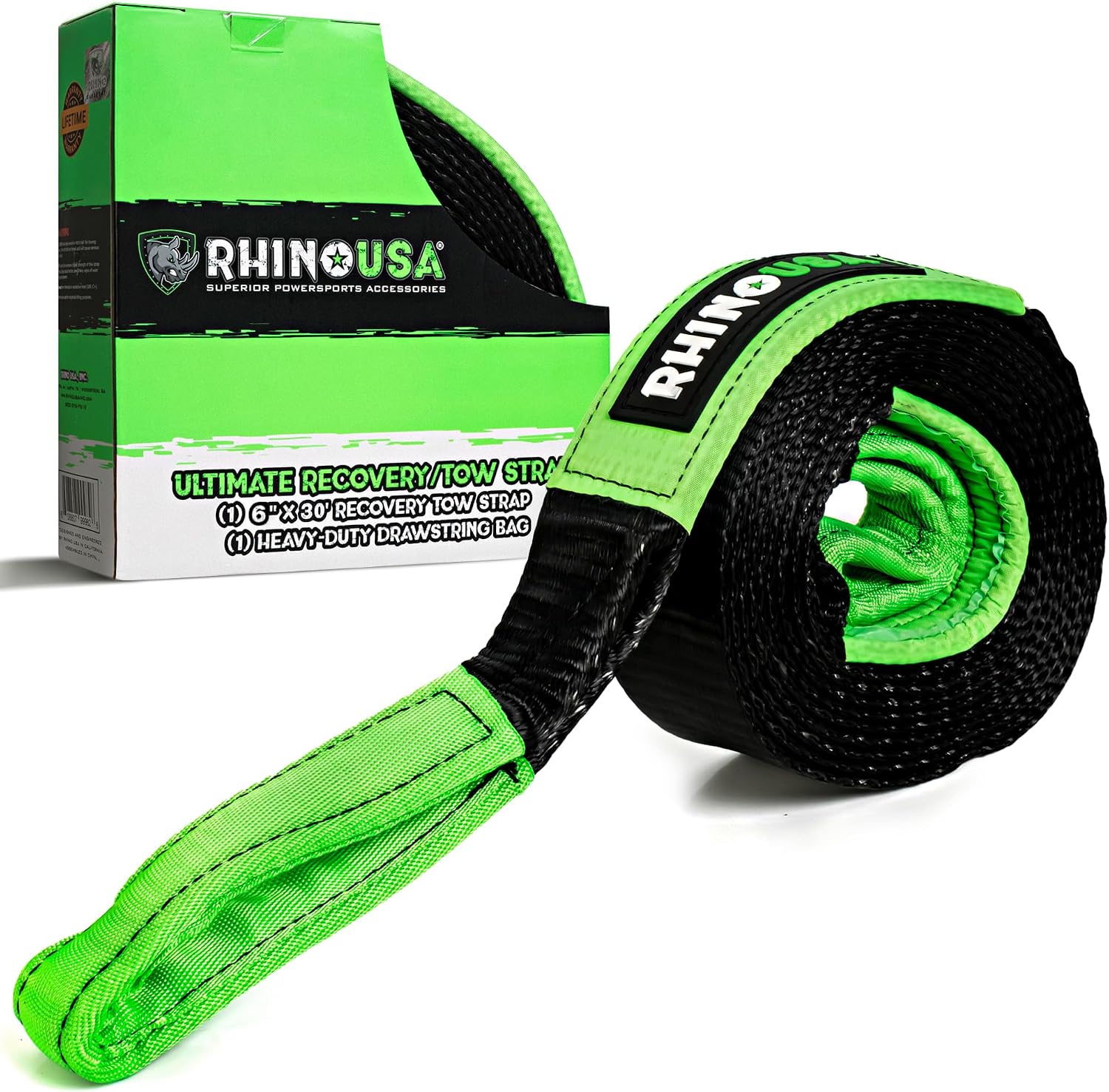 Rhino USA Recovery Tow Strap (3in x 30ft) - 31,518lb Heavy Duty Towing | 31,518lb Break Strength Emergency Tow Strap, Extended 30ft Length. For Truck, UTV, ATV & Jeep Offroad Recovery. Black