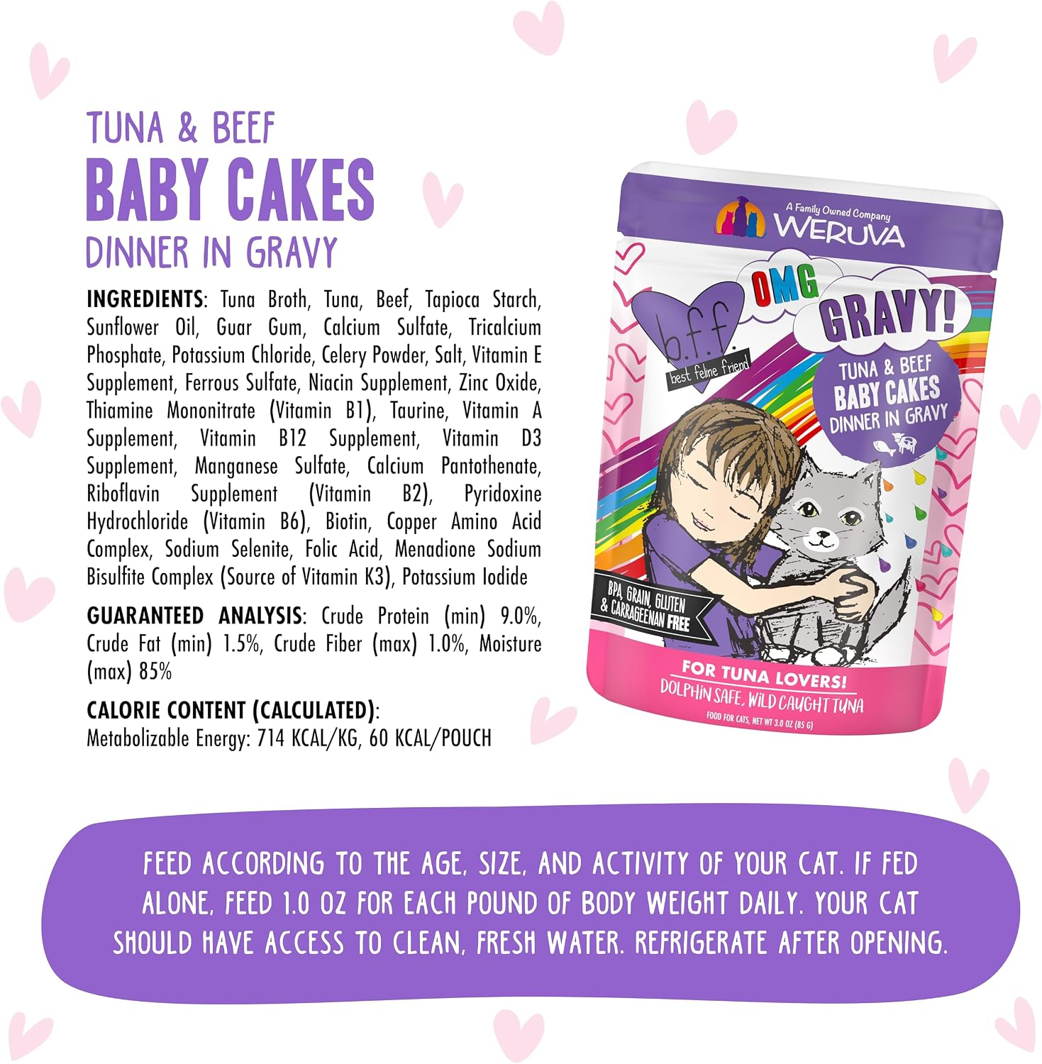 Weruva B.F.F. OMG - Best Feline Friend Oh My Gravy!, Tuna & Salmon Sweet Cheeks with Tuna & Salmon in Gravy Cat Food, 3oz Pouch (Pack of 12)