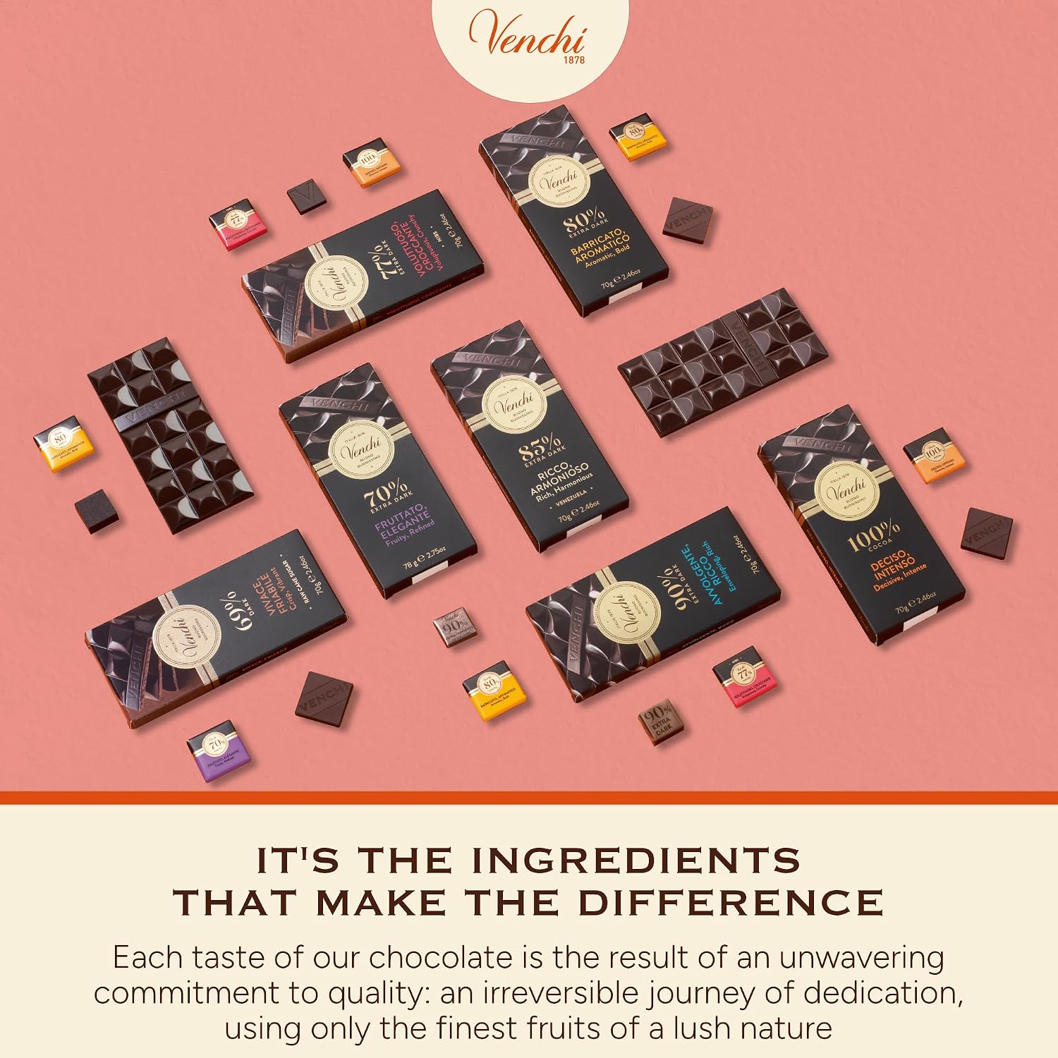 Venchi - Venezuelan Cocoa Blend - 85% Dark Chocolate Bar, 2.46oz - Single Origin Premium Fine Chocolate - Naturally Gluten Free - Vegan