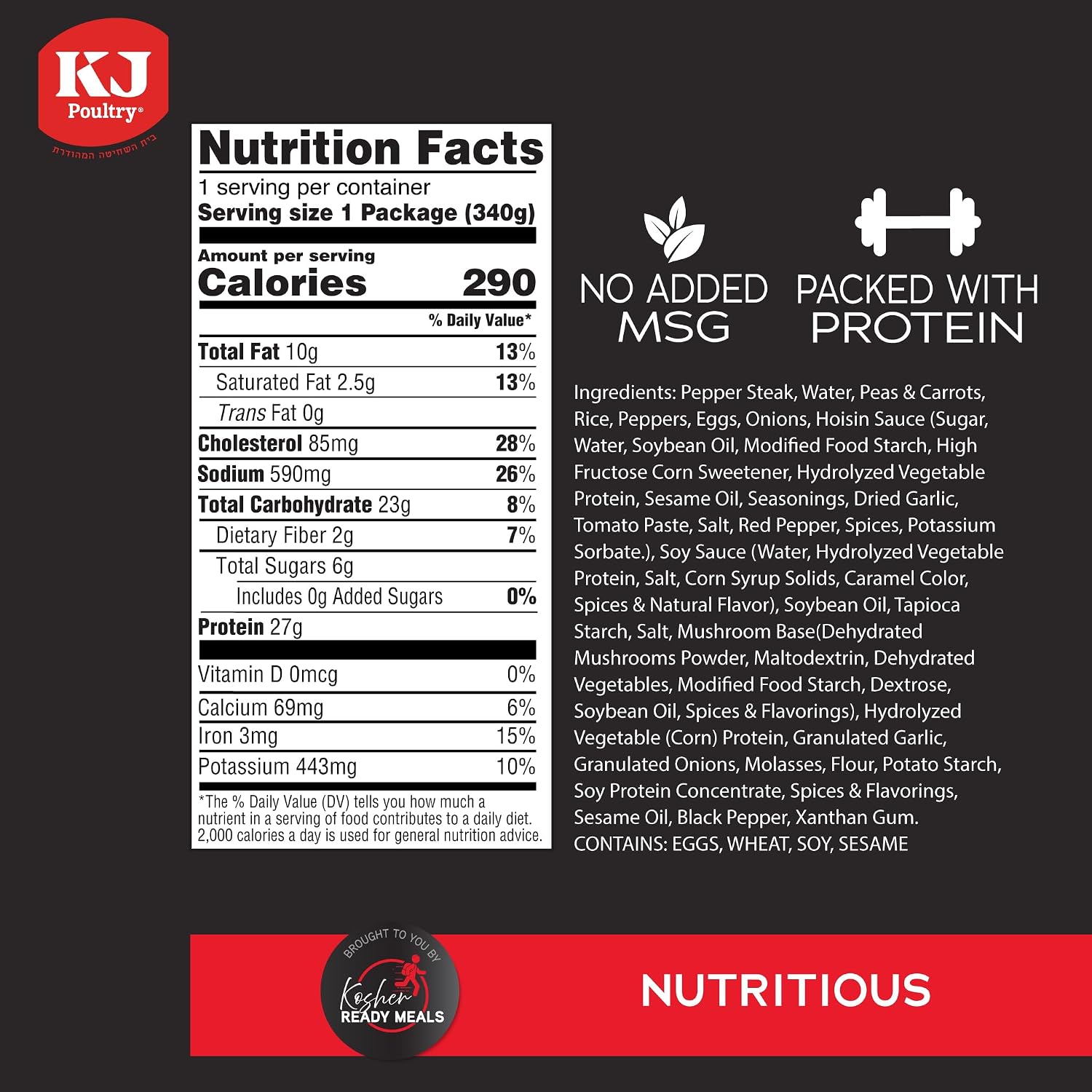 KJ Poultry Kosher Ready Meals - Beef Pepper Steak & Rice, MRE Meat Meals Ready to Eat (1 Pack) Prepared Entree Fully Cooked, Shelf Stable Microwave Dinner Travel, Military, Camping, Emergency Survival