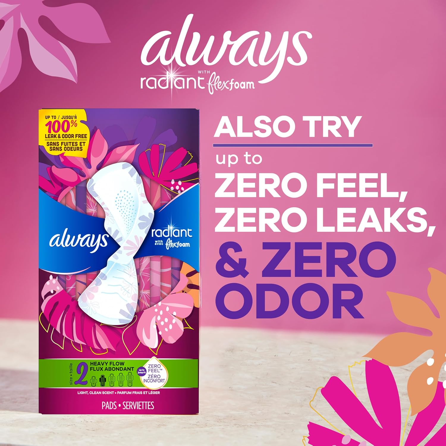 Always Infinity Feminine Pads for Women, Size 2 Heavy Flow Absorbency,with Flexfoam, with Wings, Unscented, 32 Count