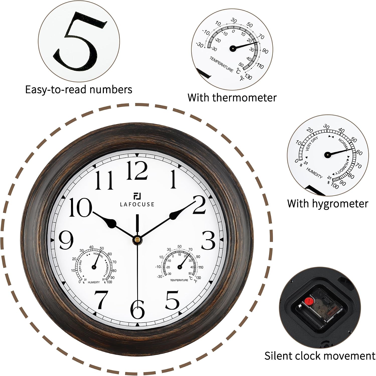 Lafocuse 12 Inch Brown Outdoor Wall Clocks with Temperature and Humidity