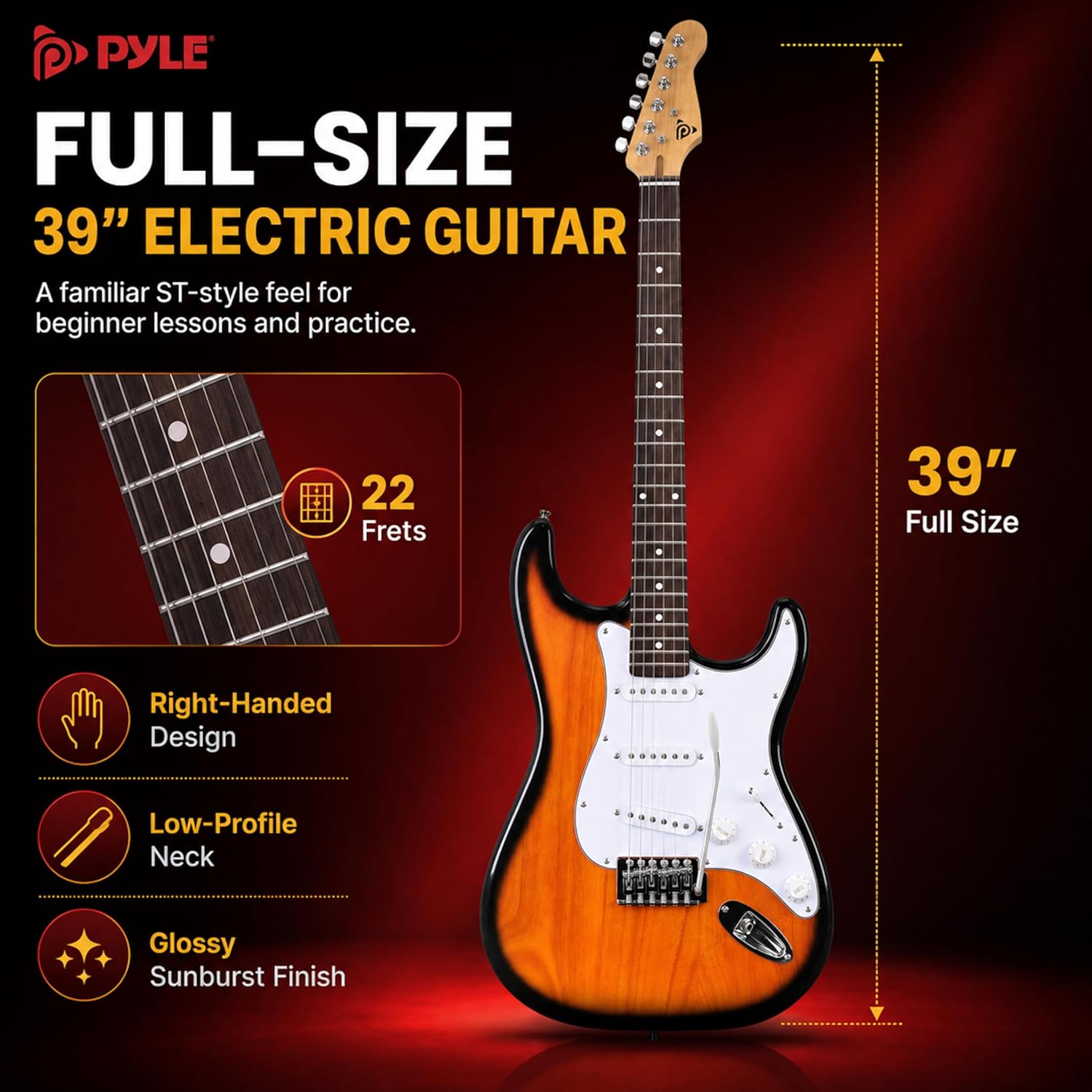 Pyle Electric Guitar and Amp Kit - Full Size 39" Complete Starter Kit with Wearable Bluetooth Amplifier, 1/4” Cable, Carry Case, Strap, Strings, Picks, Cleaning Cloth, ST-Style Pickups (Black)