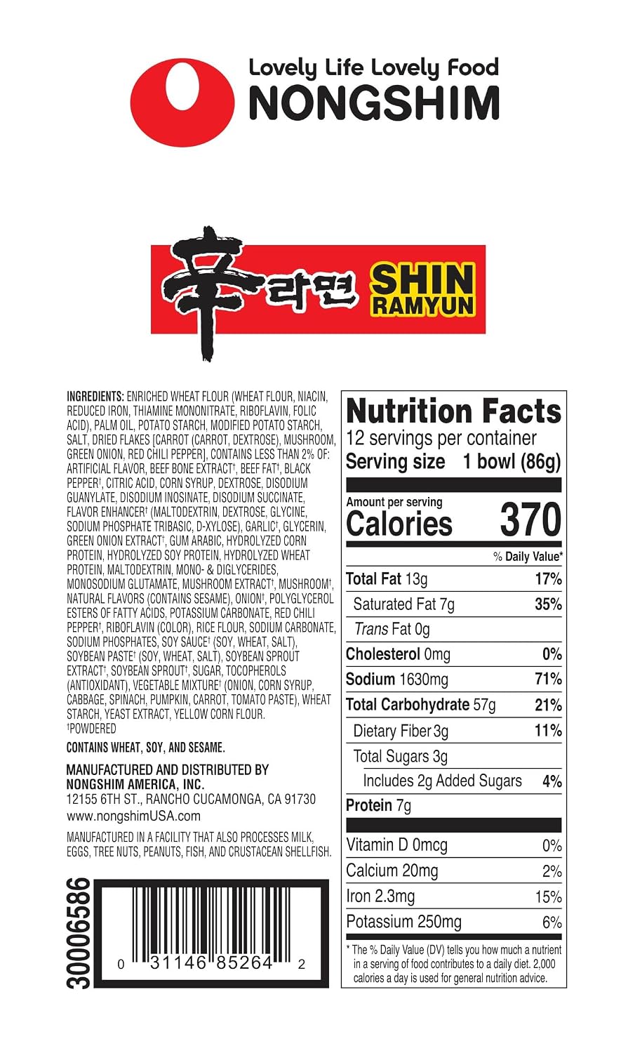 Nongshim Shin Ramyun Bowl Noodles, Spicy Korean Signature Instant Ramyun, Rich Beef Flavored Broth, Quick and Easy, Microwaveable Bowl, 3.03 oz (Pack of 12)