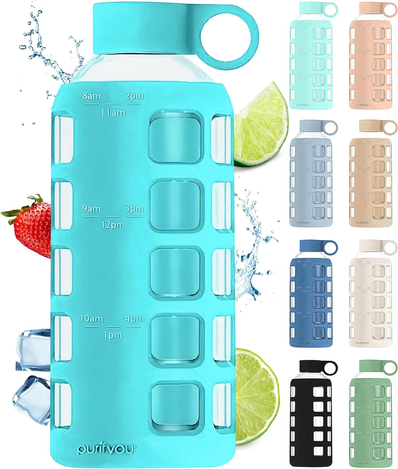 purifyou 40oz / 32oz / 22oz / 12oz Borosilicate Glass Water Bottle with Time & Volume Markers, Silicone Sleeve