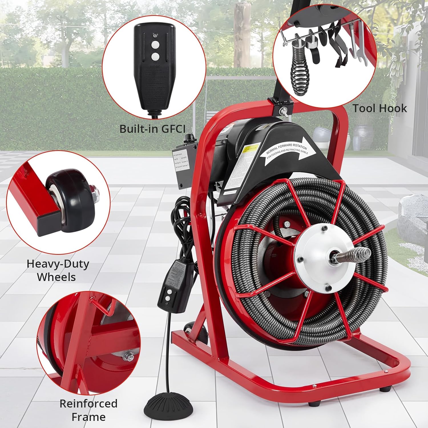 GarveeLife 75 ft 3/8 in Electric Drain Cleaner Machine Auto Feed Drain Auger for 1 to 4 in Pipes Professional Sewer Snake with 4 Cutters Gloves