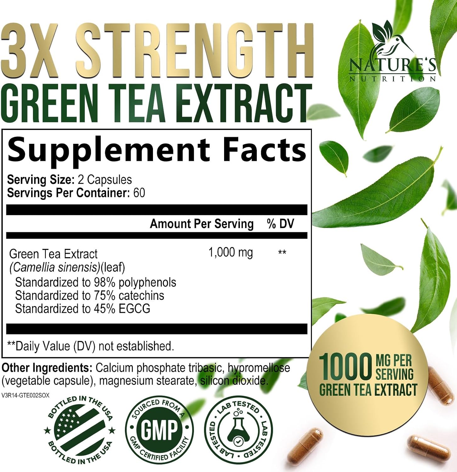 Green Tea Extract Capsules - 3X Strength Green Tea Extract 1000 mg Per Serving Pills with 45% EGCG & 98% Polyphenols for Natural Energy - Antioxidant Herbal Heart Support Supplement - 240 Capsules