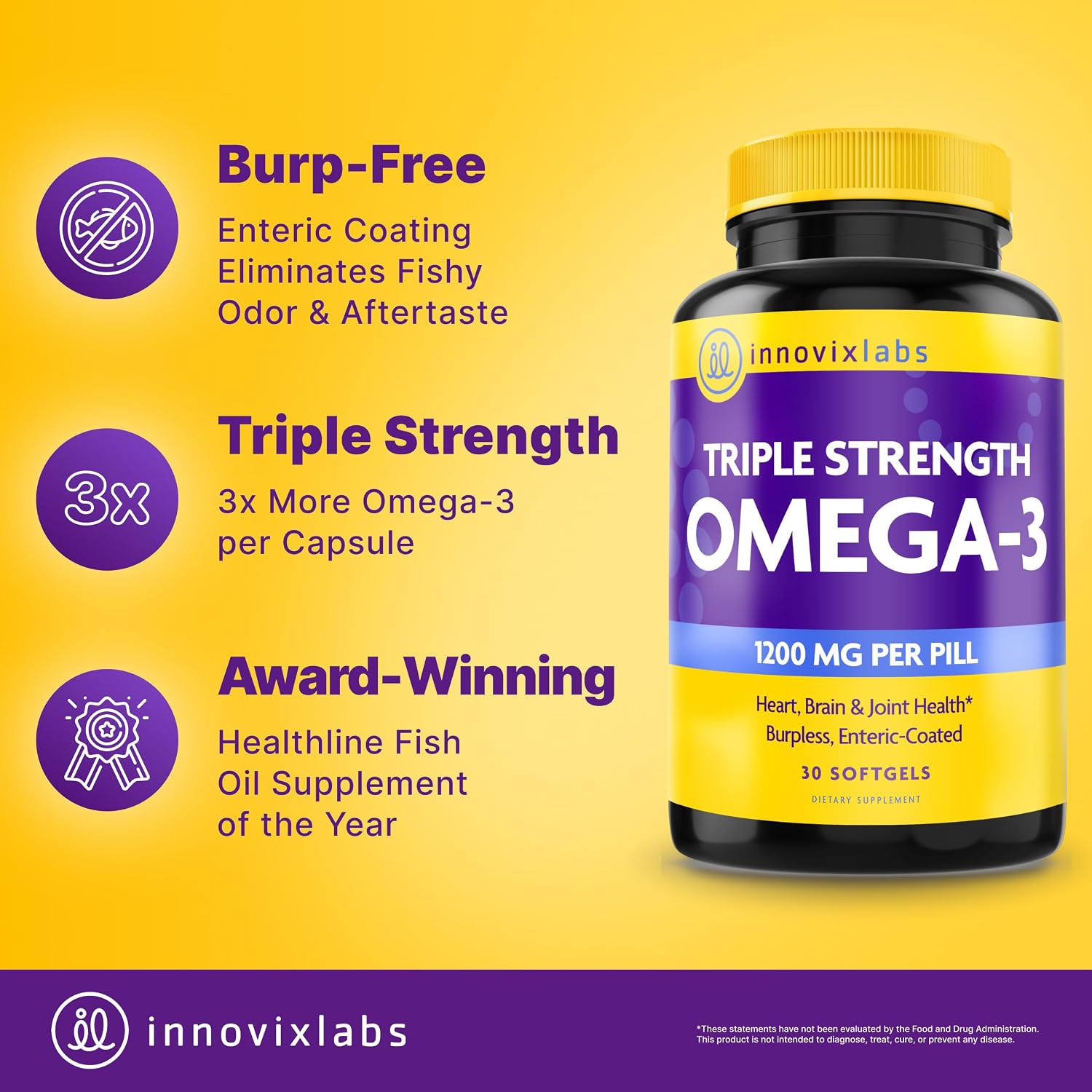 InnovixLabs Triple Strength Omega 3 Fish Oil 900 mg EPA DHA (200 Softgels) | Omega 3 Supplement for Women & Men, Burpless, Brain & Joint Support, Omega-3 Fatty Acid, No Fishy Aftertaste, 200-Day Supply