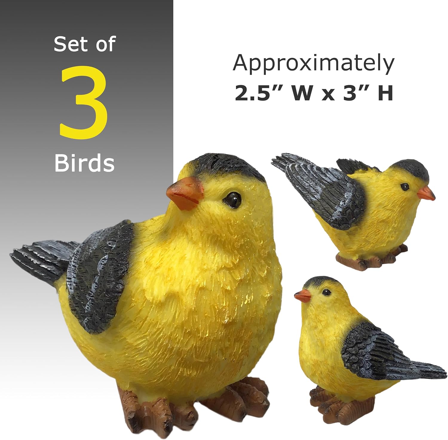 BANBERRY DESIGNS Goldfinch Bird Figurines Set of 3, Hand-Painted Polystone Birds in 3 Poses, Small Decorative Bird Statues for Home, Garden, Mantel, Shelf and Spring Decor, 3 Inch