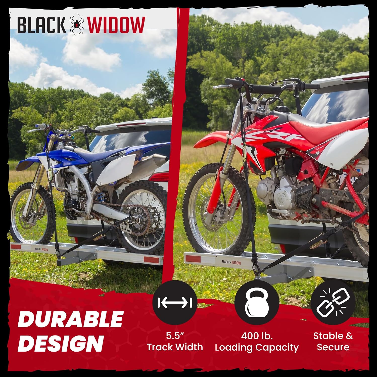 Black Widow Aluminum Dirt Bike Hitch Carrier with Ramp, 400 lb Capacity | Non-Folding Motorcycle, eBike & Fat Tire Bike Hauler for Truck & SUV, Fits 2-Inch Class III/IV Hitch Receiver