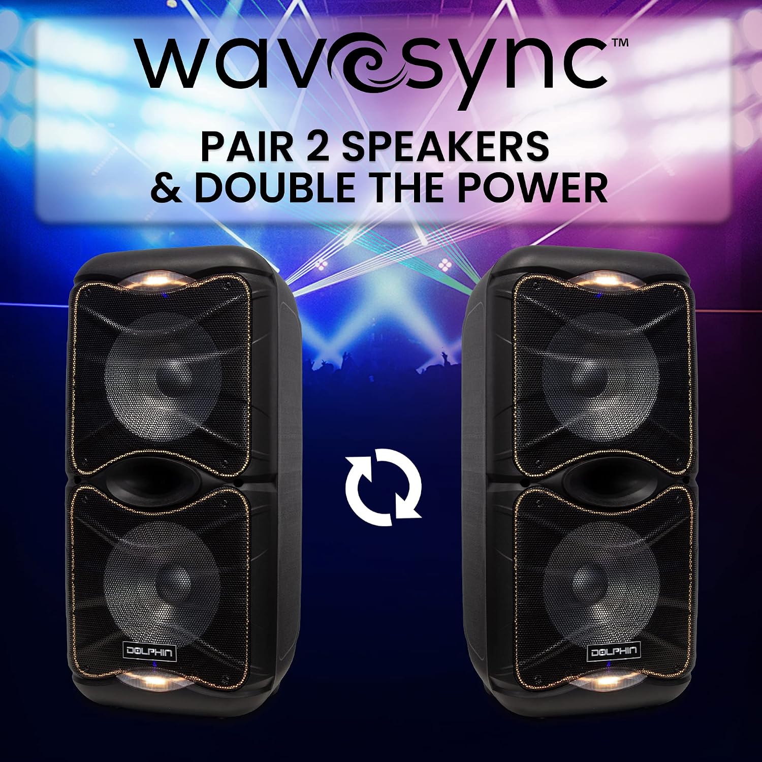 DolphinLarge Bluetooth Party Speaker, Dual 12" Woofers | 3600W Output, WaveSync Pairing, 5-Band EQ, USB, SD, TF, FM & AUX Inputs