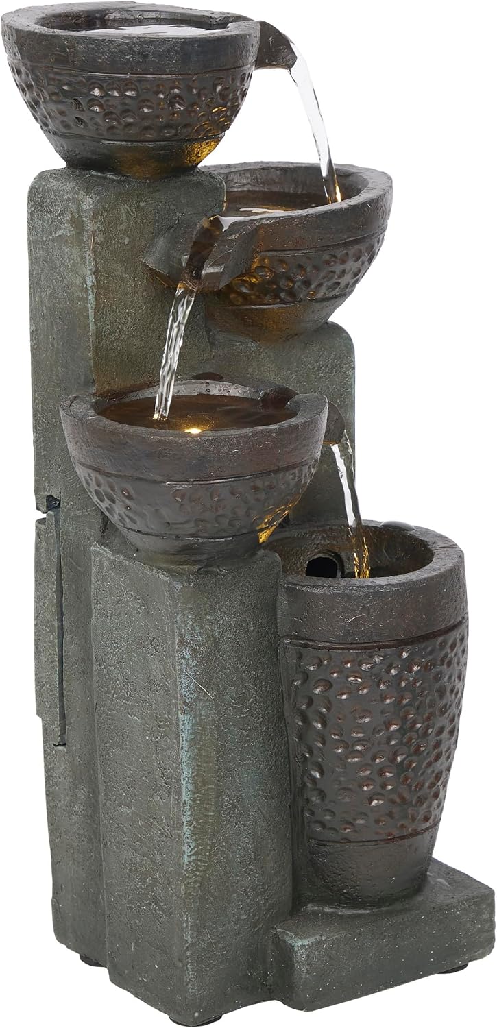 Alpine Corporation WIN326 Indoor Tabletop Light-Up Tiered Rainforest Tree Trunk Water Fountain with LED Lights, 11", Brown