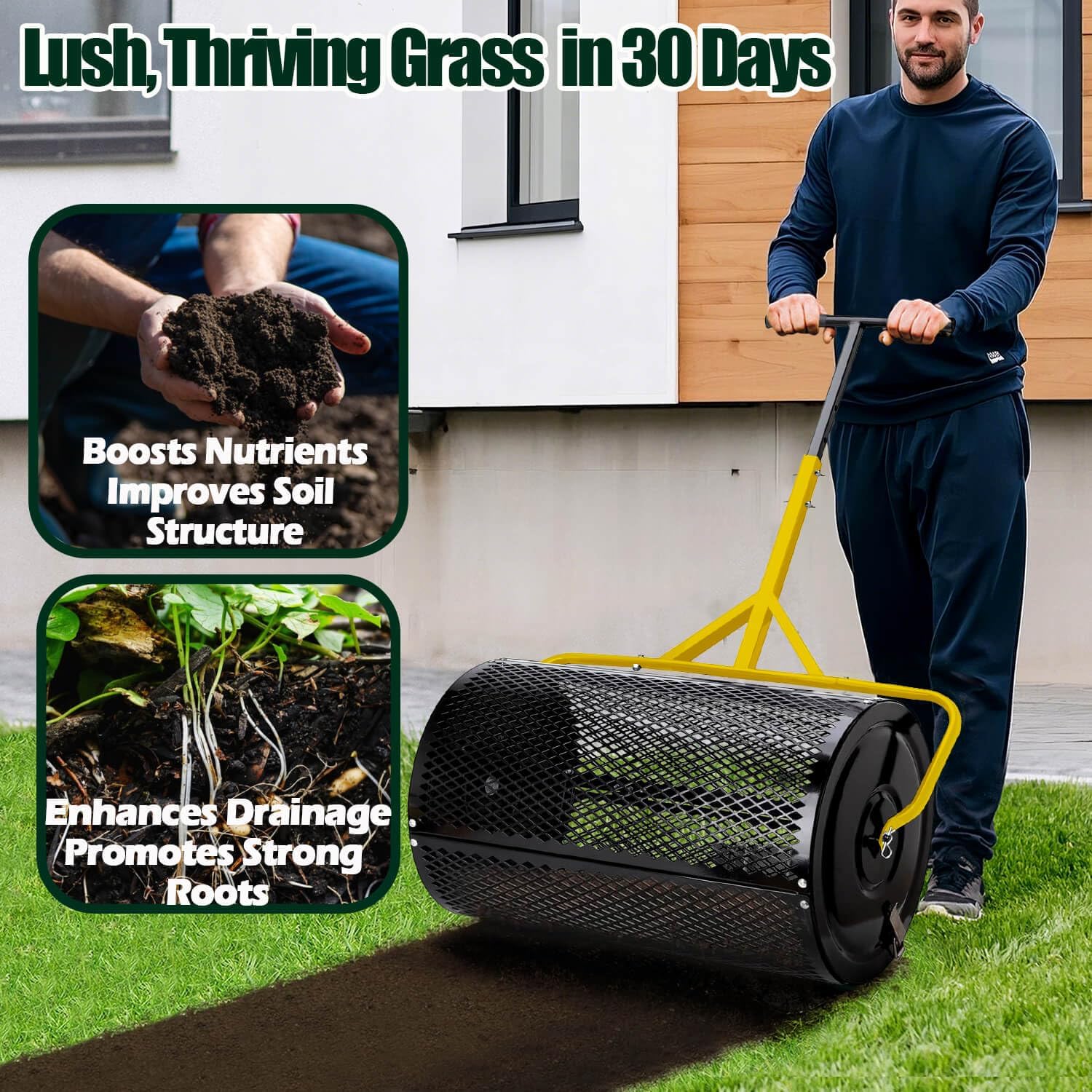 2026 Upgraded 30 Inch Compost Spreader, 26 Gal/99L Large Capacity Heavy Duty Peat Moss Spreader for Lawn, Stable T-Handle Manual Spreader for Top Soil