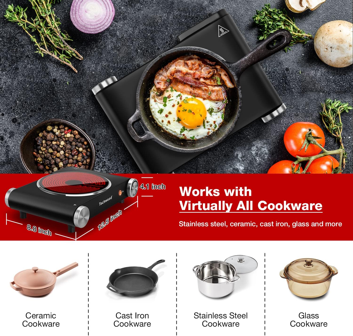 Hot Plate, Techwood Electric Stove for Cooking, 1500W Countertop Single Burner with Adjustable Temperature and Handles