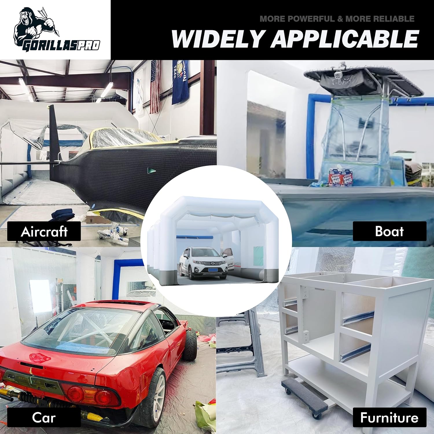 GORILLASPRO Inflatable Paint Booth 26x15x10Ft, Inflatable Spray Booth with (750W + 950W) Blowers, Upgrade Air Filter System Environment Friendly