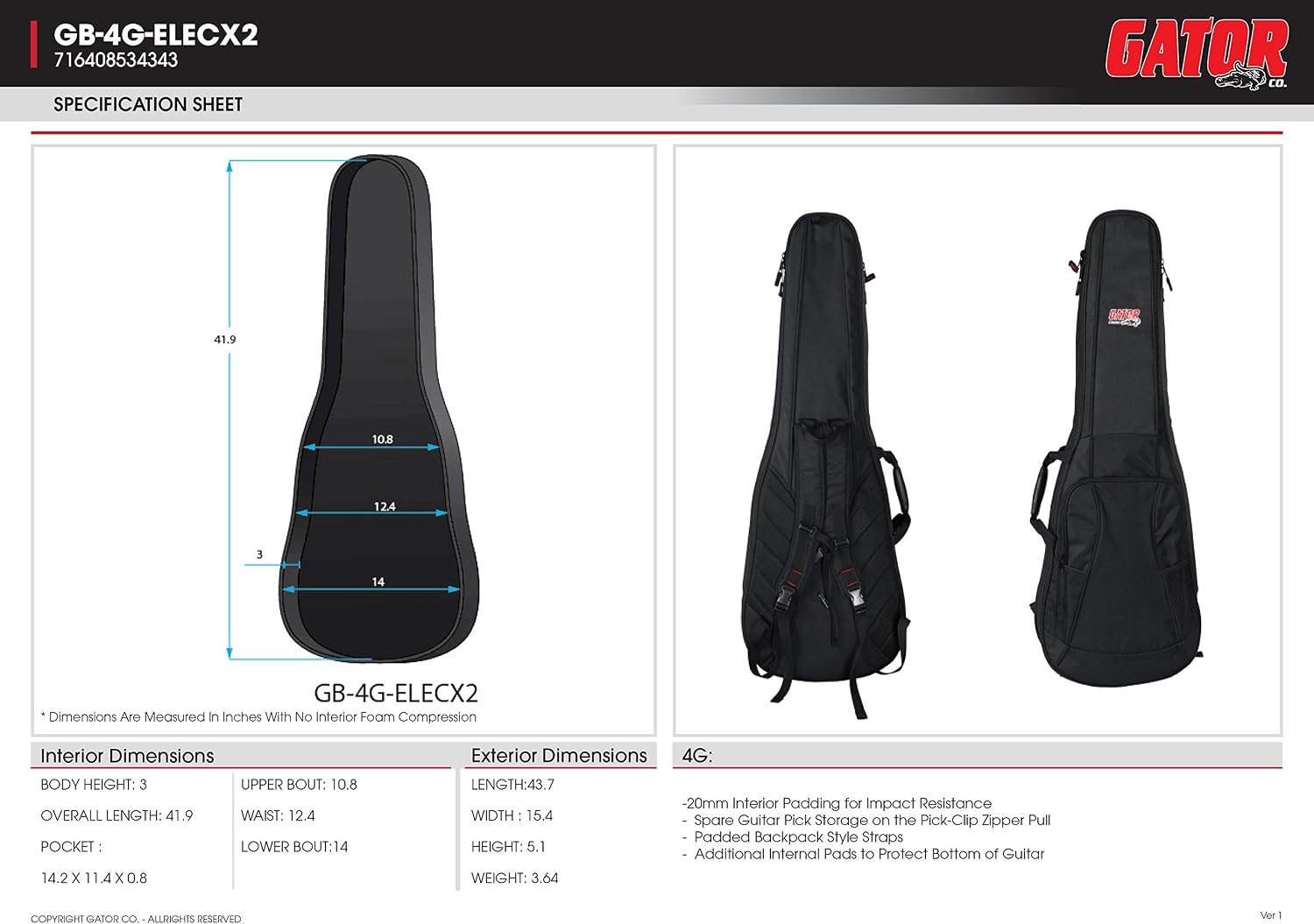 Gator Cases 4G-MiZone Series Gig Bag For Electric Guitars with Adjustable Backpack Straps, Fits Jazzmaster Style Guitars (GB-4G-JMASTER)