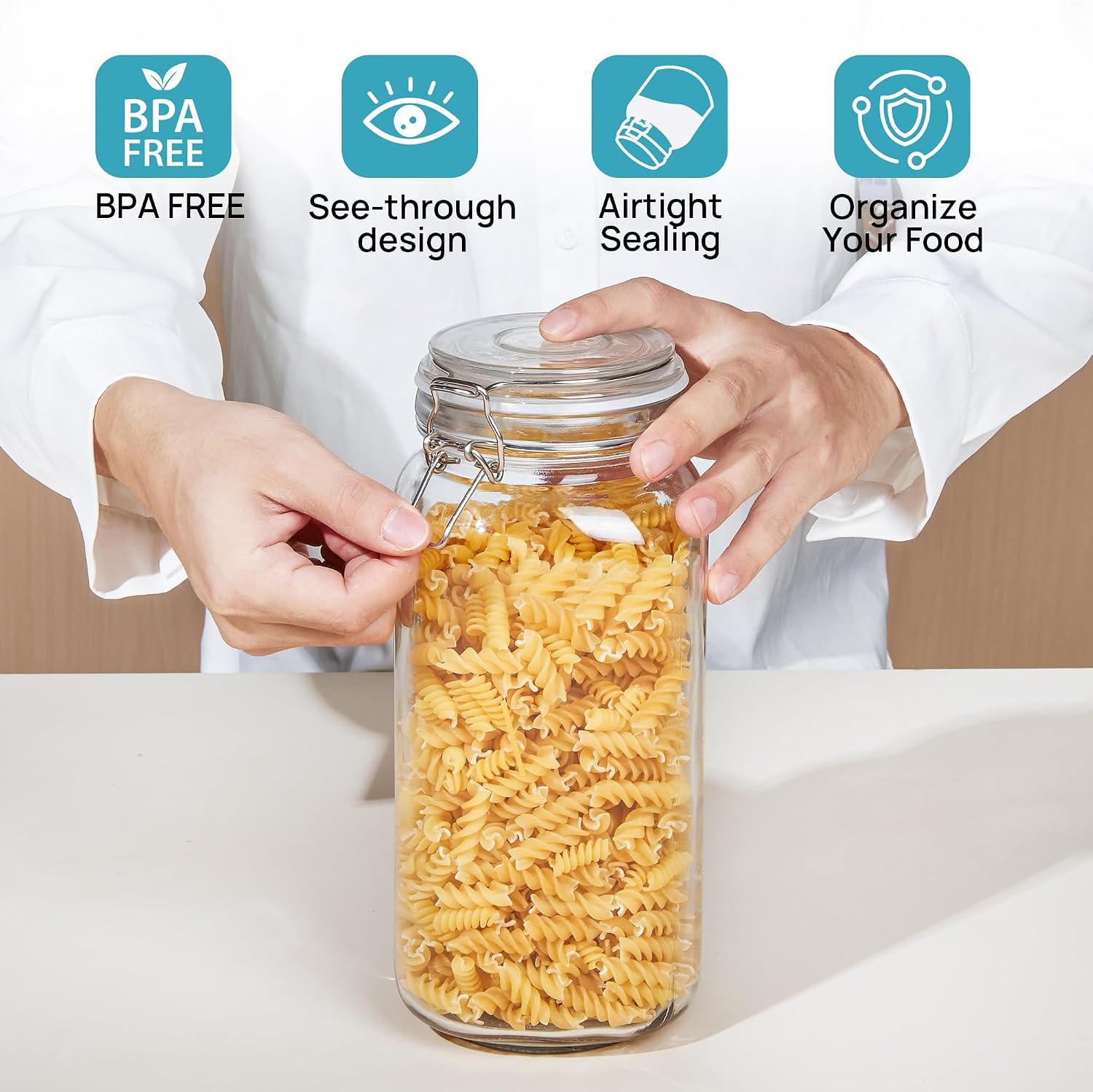 Vtopmart 78oz Glass Food Storage Jars with Airtight Clamp Lids, 3 Pack