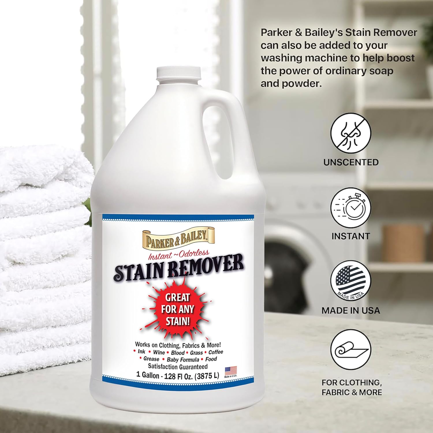 Parker & Bailey Liquid Stain Remover - Instant Stain Removal on Laundry Clothing Fabric Ink Grease Blood Grass Coffee Wine Food Carpet Upholstery Spot Cleaner Odor Free Detergent Booster, 8oz