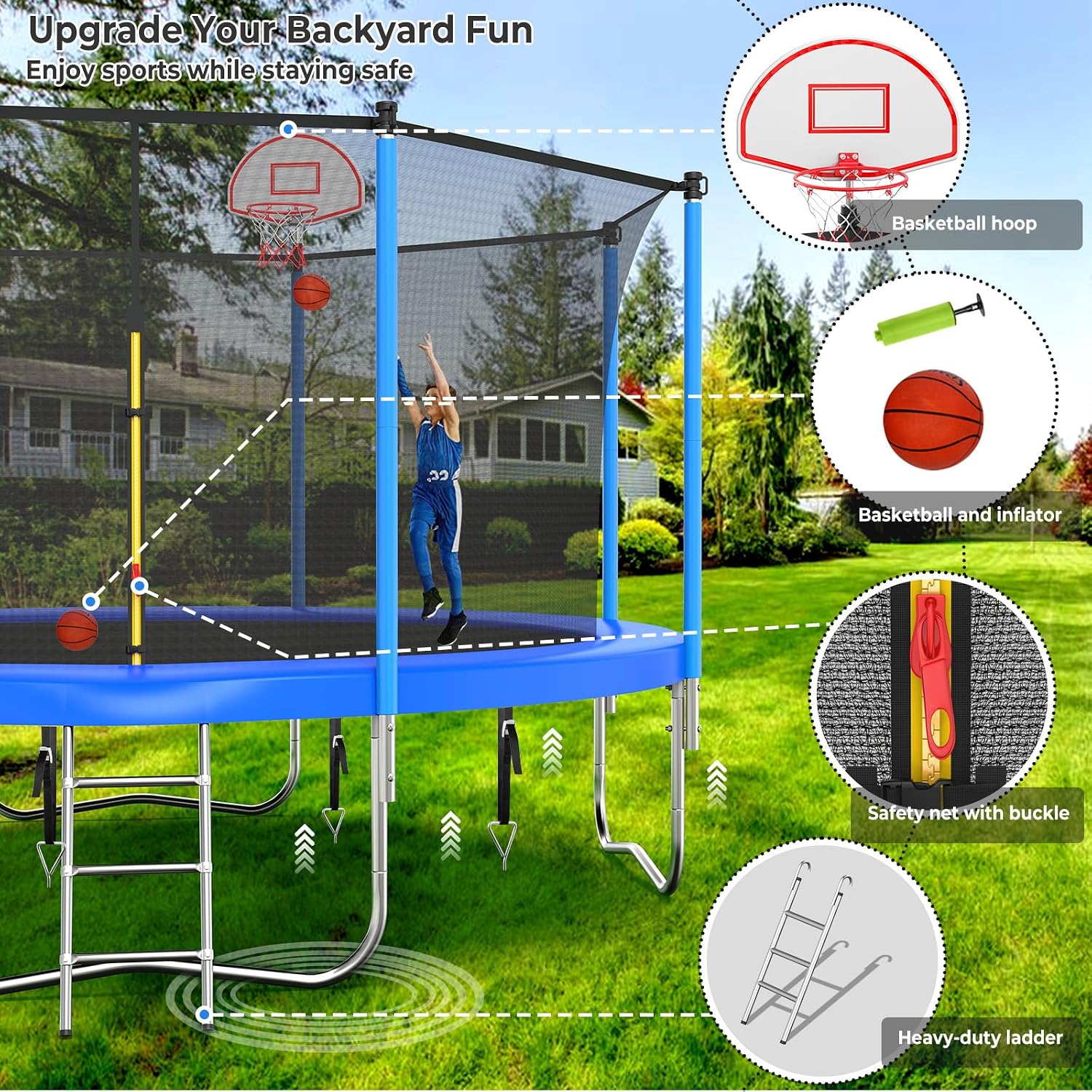 10 12 14 16FT Trampoline Outdoor, Light/Sprinkler/Basketball Hoop | Large Recreational Trampoline for Kids and Adults, Heavy Duty Yard Trampolines with Enclosure Net, ASTM Approval
