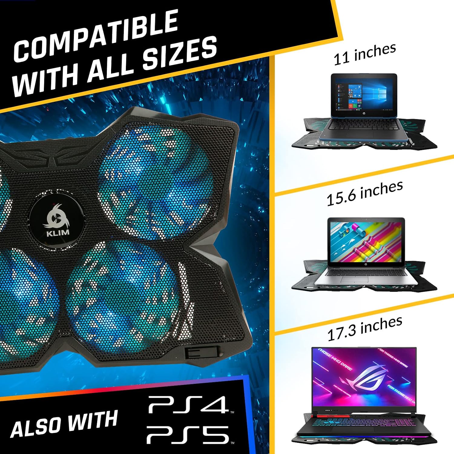 KLIM Wind Laptop Cooling Pad - More Than 500 000 Units Sold - New Version - The Most Powerful Rapid Action Cooling Fan - Laptop Stand with 4 Cooling Fans at 1200 RPM - USB Fan - PS5 PS4 - Blue