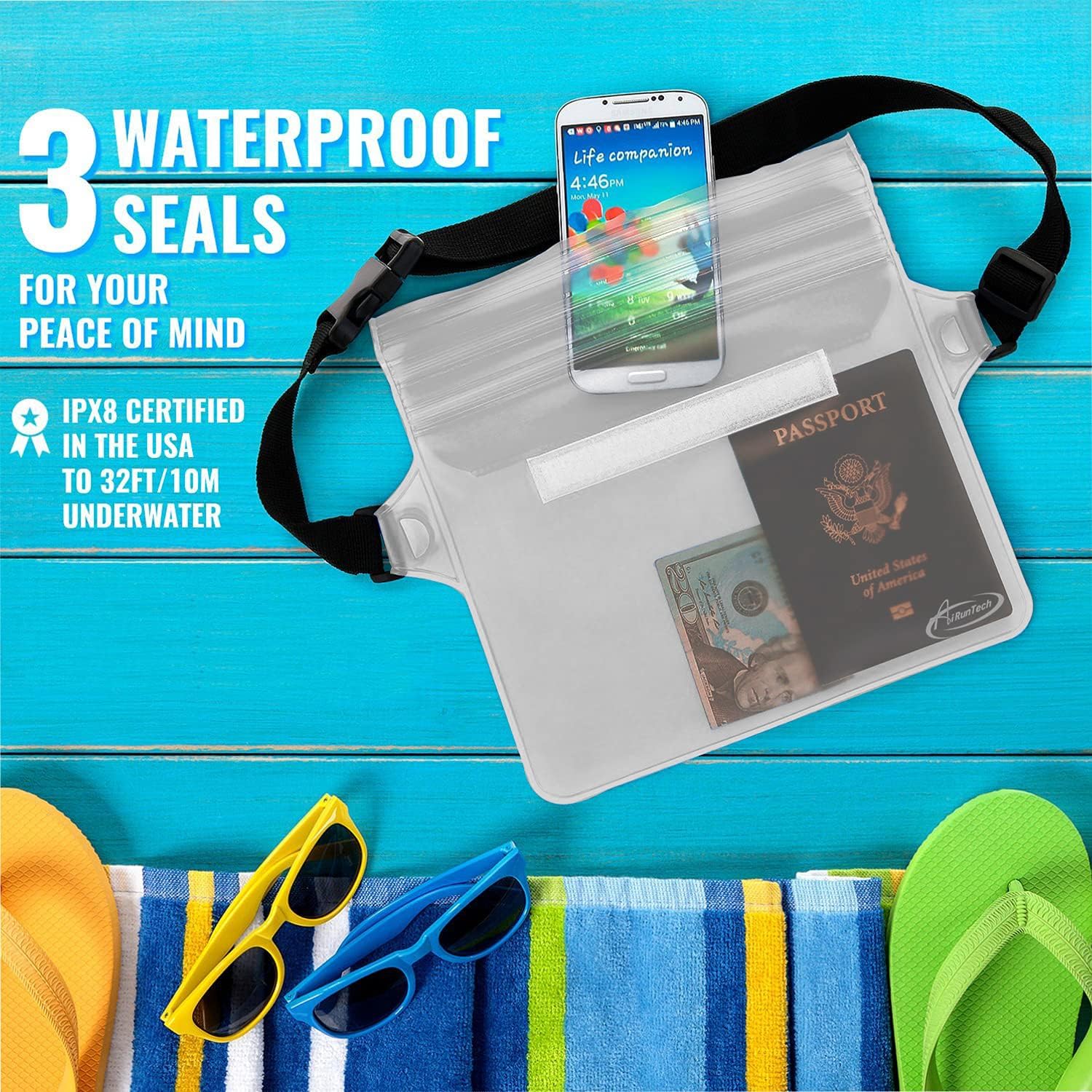 AiRunTech Waterproof Fanny Pack,Phone Pouch Dry Bag for Passport Wallet Purse,Floating Waterproof Bags for Travel Beach Swimming Kayaking Boating Cruise Accessories