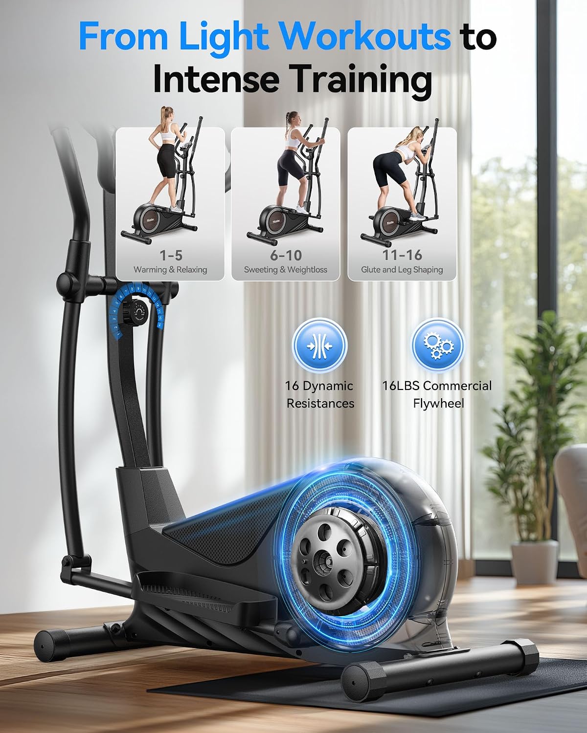 Niceday Elliptical Exercise Machine with 15.5/18/19IN Long Stride | Compact Elliptical Machine for Home Use, 16 Resistance Levels; 400LBS Stable Loading Capacity; Kinomap APP Support