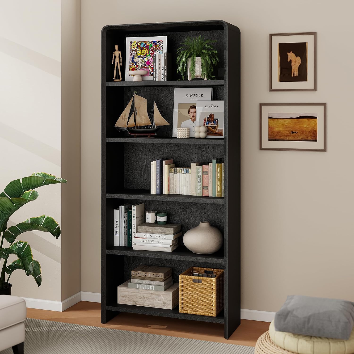 Bevfint 44" Bookcase Tall 3 Shelves Wood Bookshelf with Curved Soft Edges, Heavy Duty Storage Cabinet for Professional Home Office and Living Room, Modern Natural Oak Grain Finish