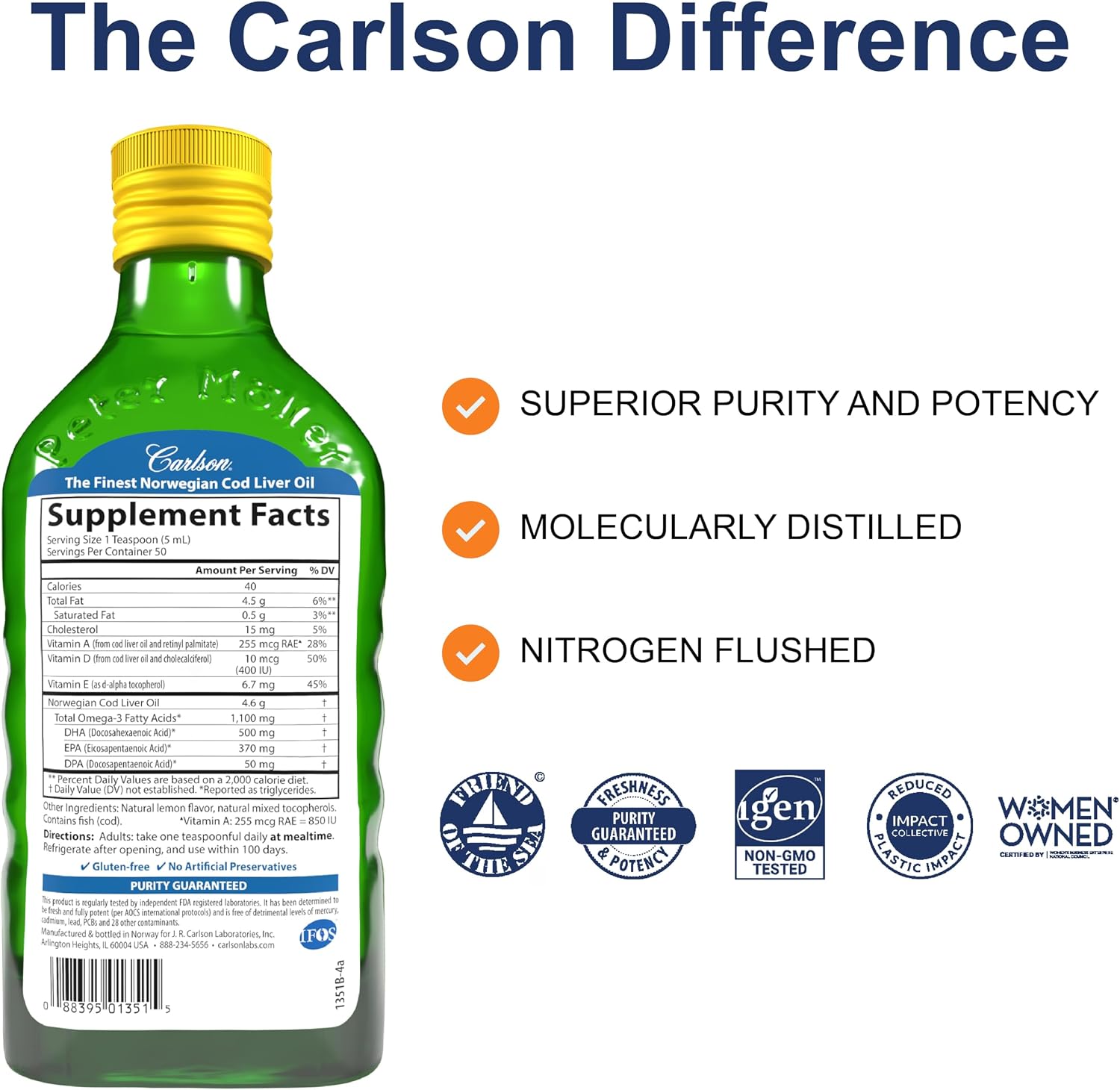 Carlson Cod Liver Oil, 1100 mg, Omega-3s, Lemon, 500 mL (16.9 Fl Oz) | plus Vitamins A and D3; Wild Caught Norwegian Arctic Cod Liver Oil; Sustainably Sourced Nordic Fish Oil Liquid