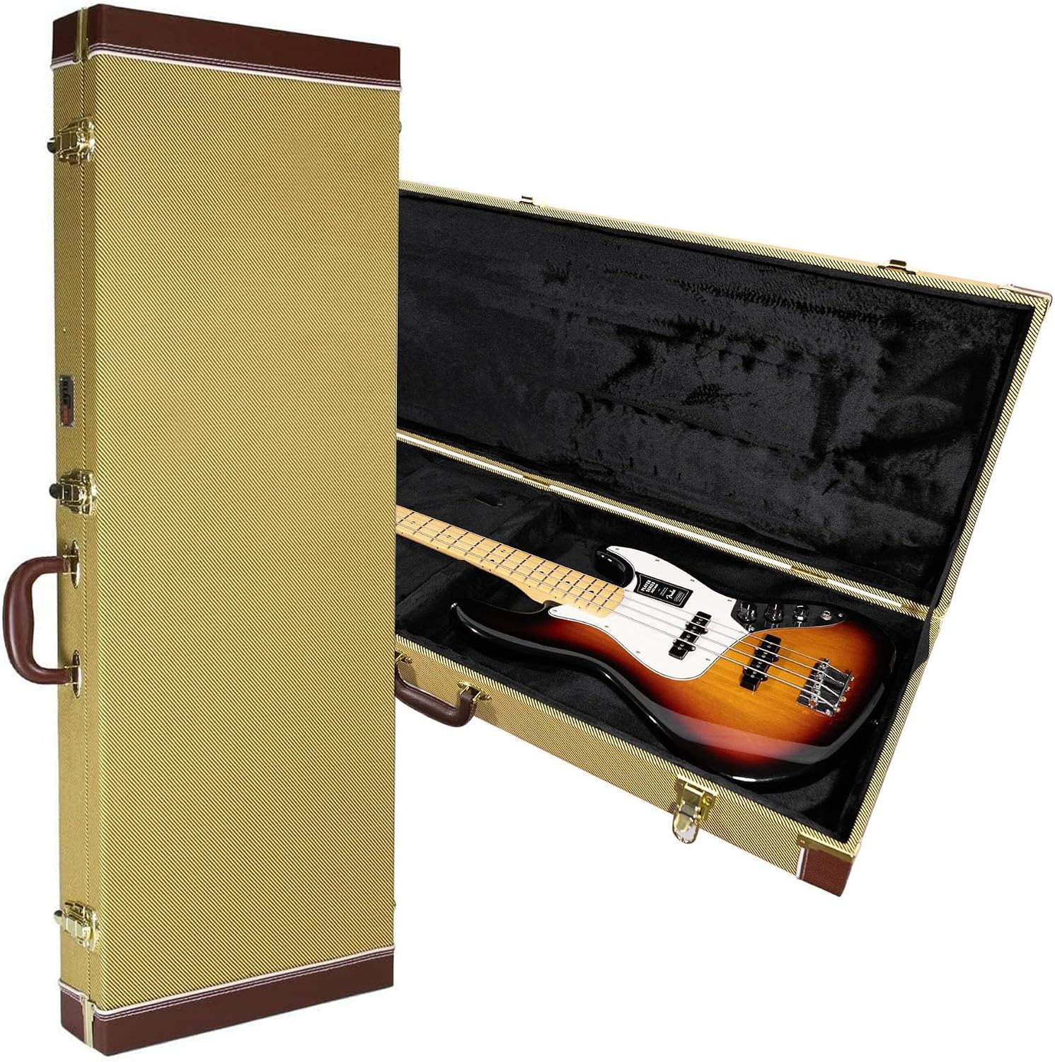Gearlux Bass Guitar Hard Case, Fits Fender Precision/Jazz Bass and More with Exterior Lock and Key, Interior Accessory Compartment, and Plush Interior Padding - Black