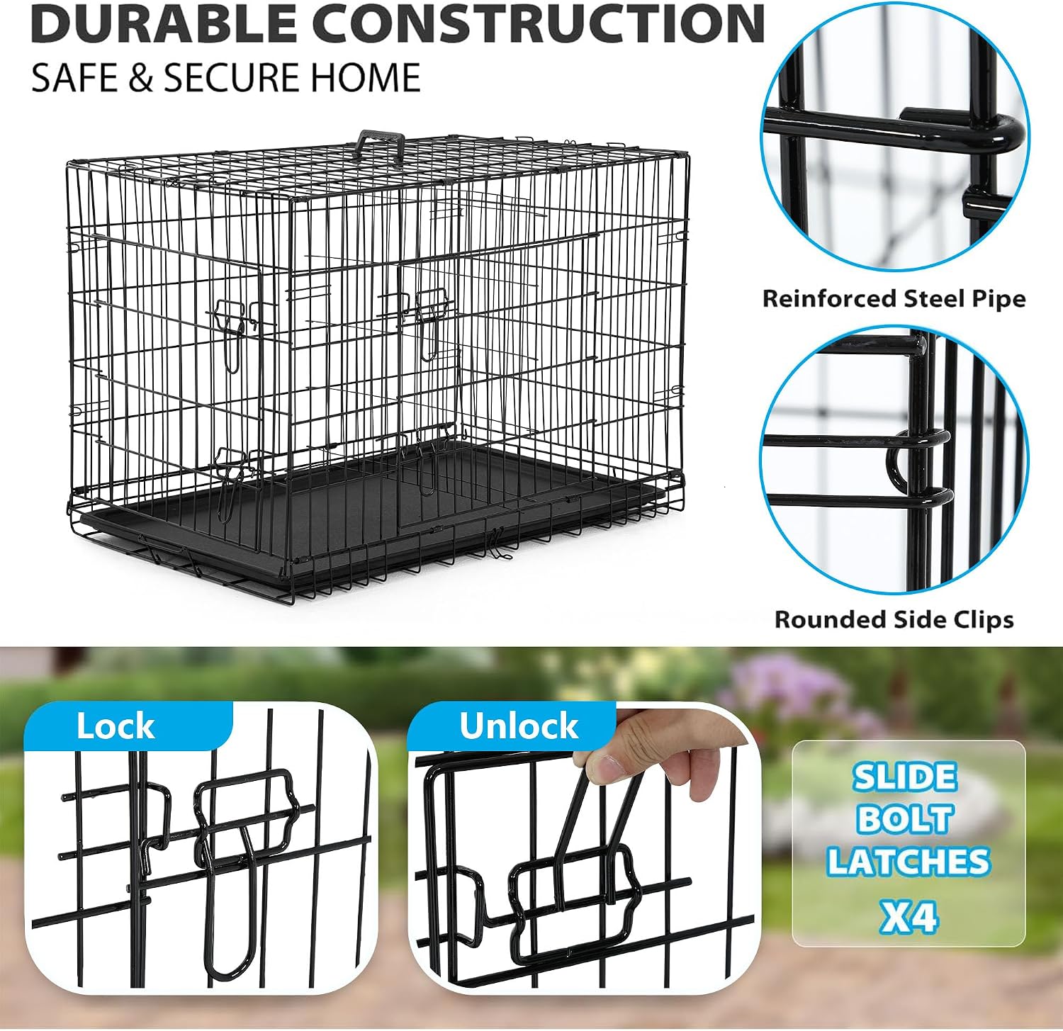 BestPet | Dog Crate | 48" | Black | Foldable Metal Kennel with Double Doors