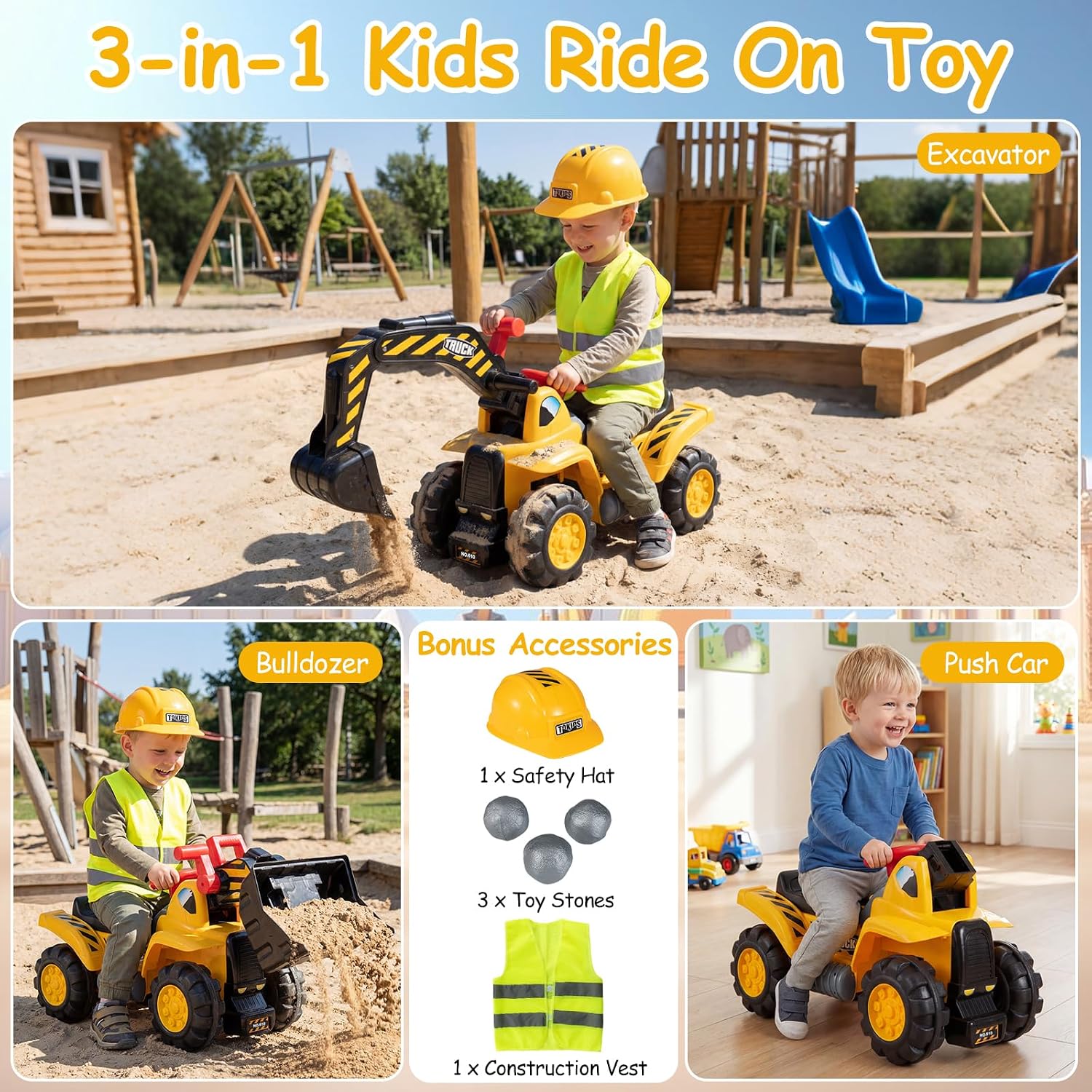 Costzon Ride on Excavator, Ride on Construction Vehicles w/Helmet, 3 Toy Stones, Realistic Sound, Adjustable Bucket & Under Seat Storage, Bulldozer Ride on Toy Gift for Kids Boys & Girls