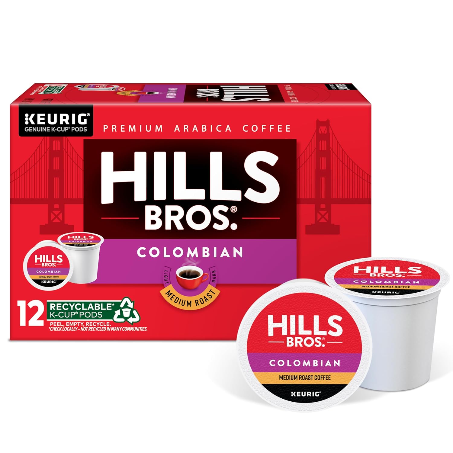Hills Bros Single Serve Coffee Pods, 100% Colombian Ground Coffee, Medium Roast, 12 Count – Keurig Compatible, Roasted 100% Arabica Beans, Smooth Balanced Flavor