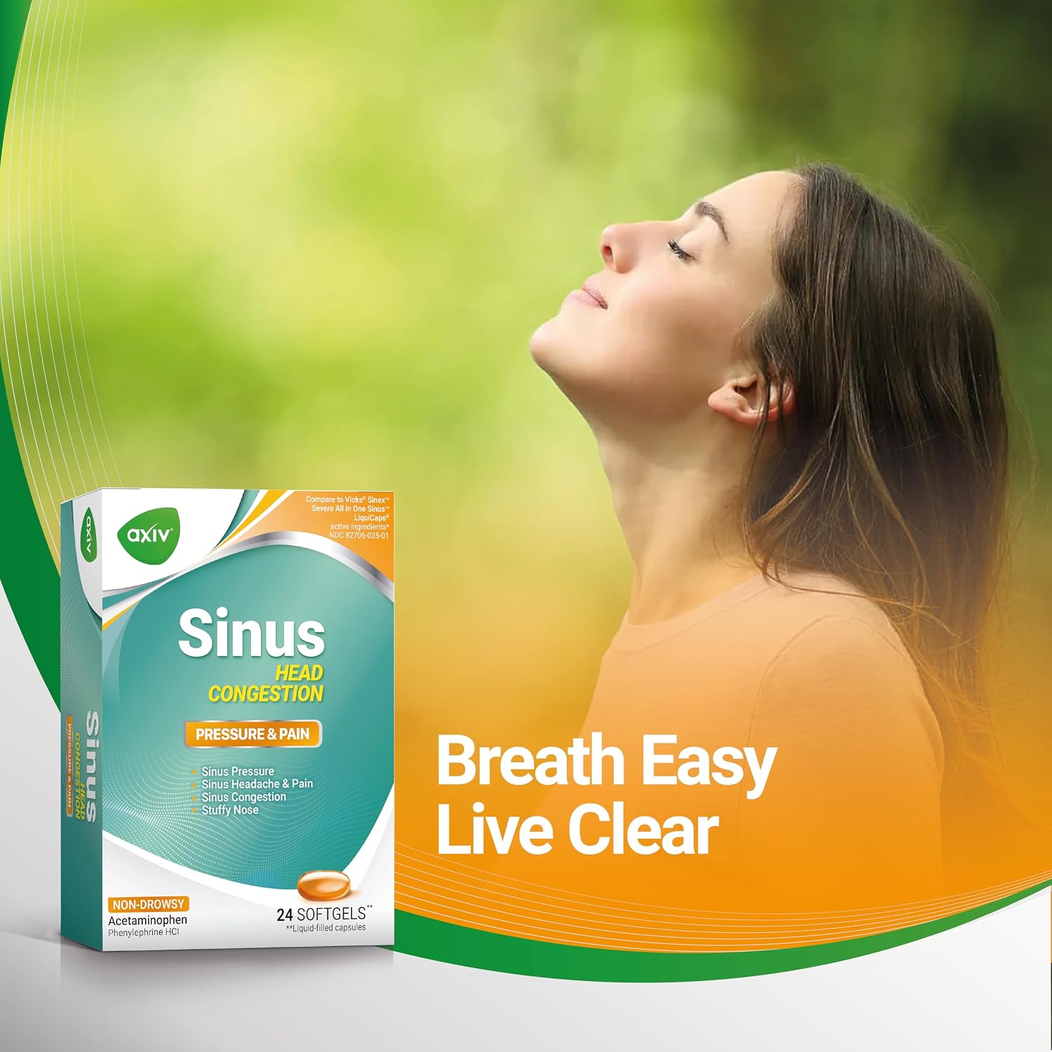 AXIV Sinus Head Congestion Relief, Non-Drowsy, Maximum Strength for Sinus Pressure, Headache, Pain & Stuffy Nose, 24 Softgels