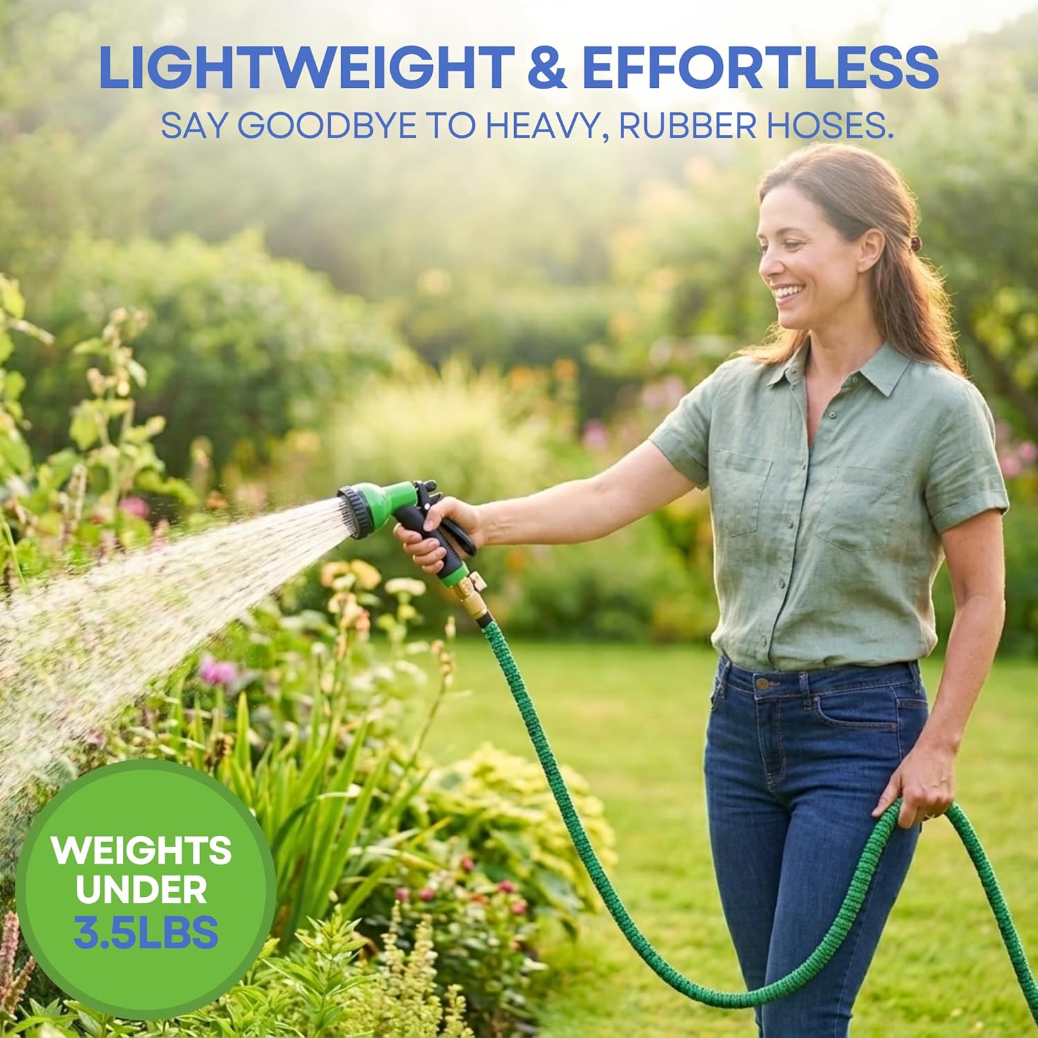 J&B XpandaHose 75ft Expandable Garden Hose, Lightweight, Brass Connectors | Ultra Strong 3750D fabric, 4-layer latex core, expands 3X, kink & leak-resistant, 10-pattern nozzle, storage bag