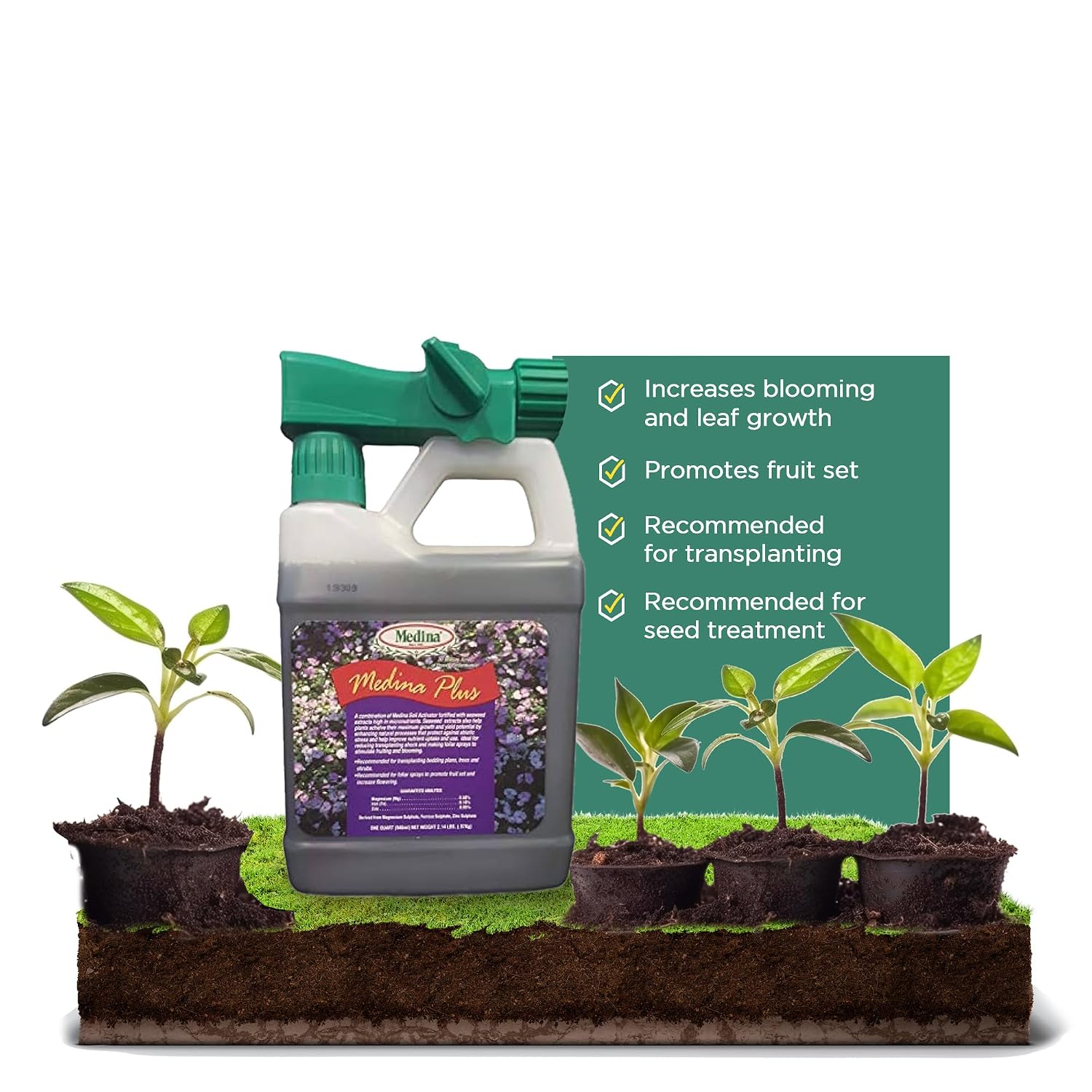 Medina Plus Soil Activator - Liquid Soil Loosener for Lawns & Gardens - Micronutrient-Rich Soil Conditioner & Softener - Used with House Plant Fertilizer, Liquid Plant Food for Houseplants - 1 End Qt